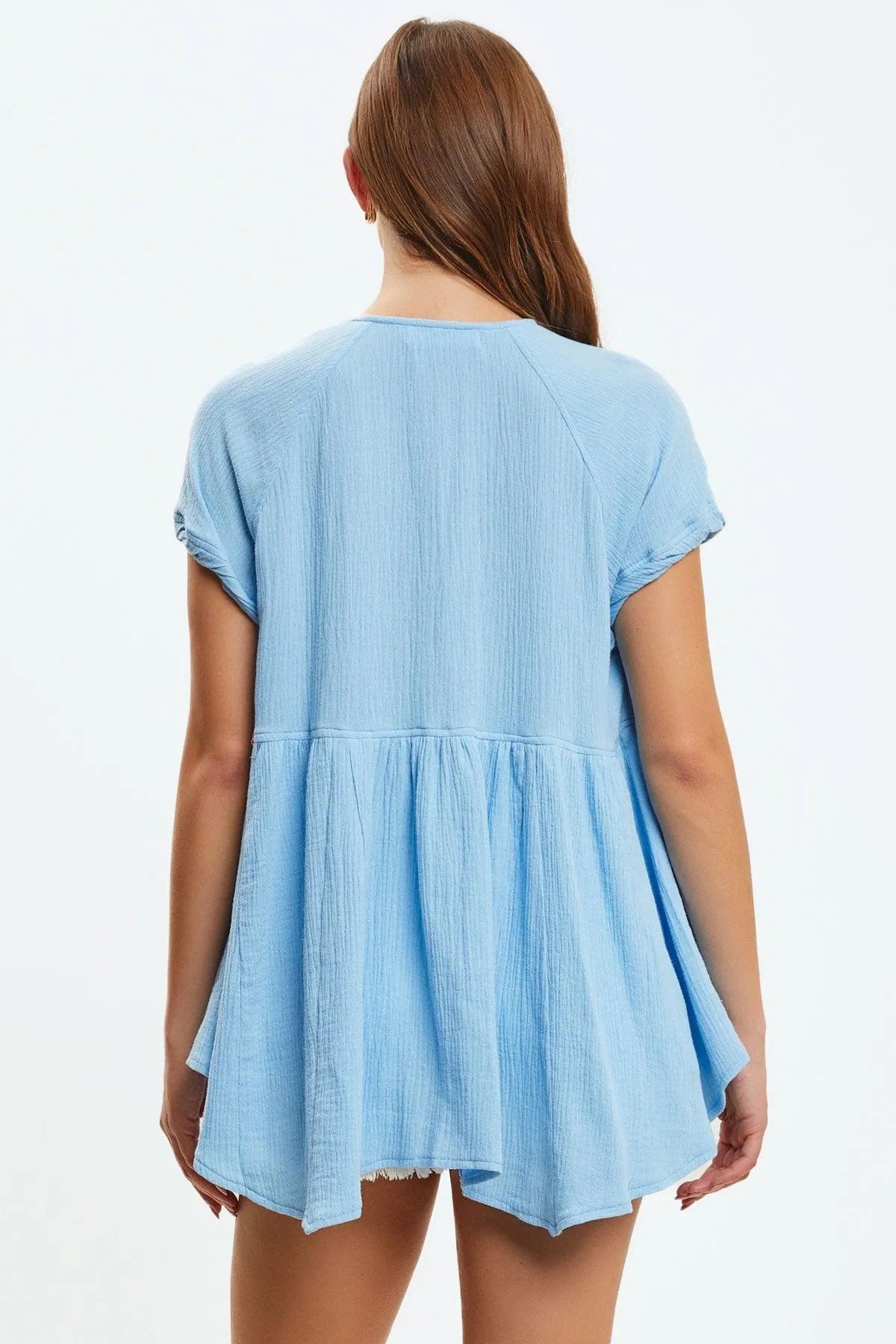 Woven V-Neck Front Button Flare Top - Tasha Apparel Wholesale