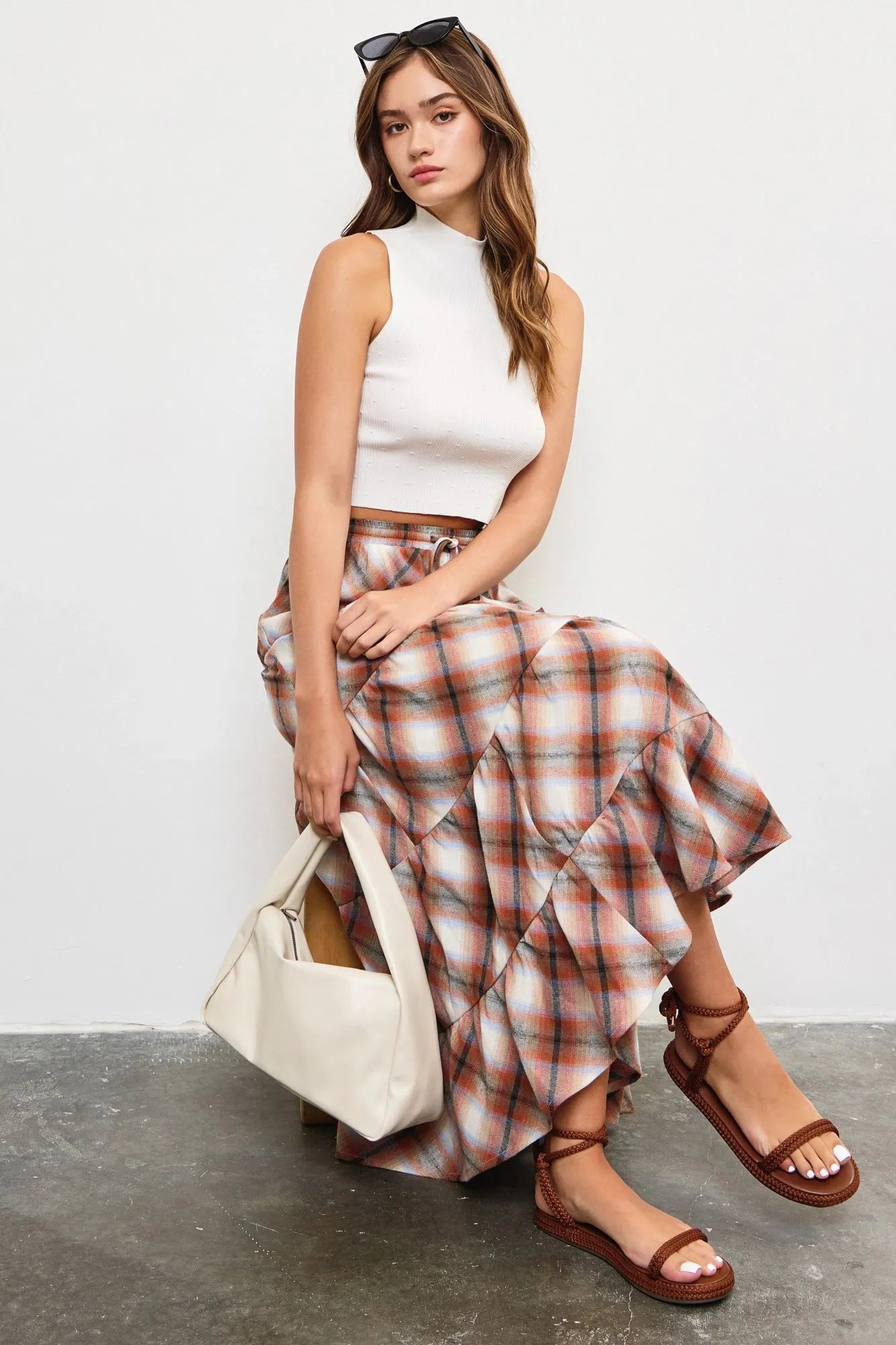 Flannel Plaid Tiered Hem Maxi Skirt - Tasha Apparel Wholesale