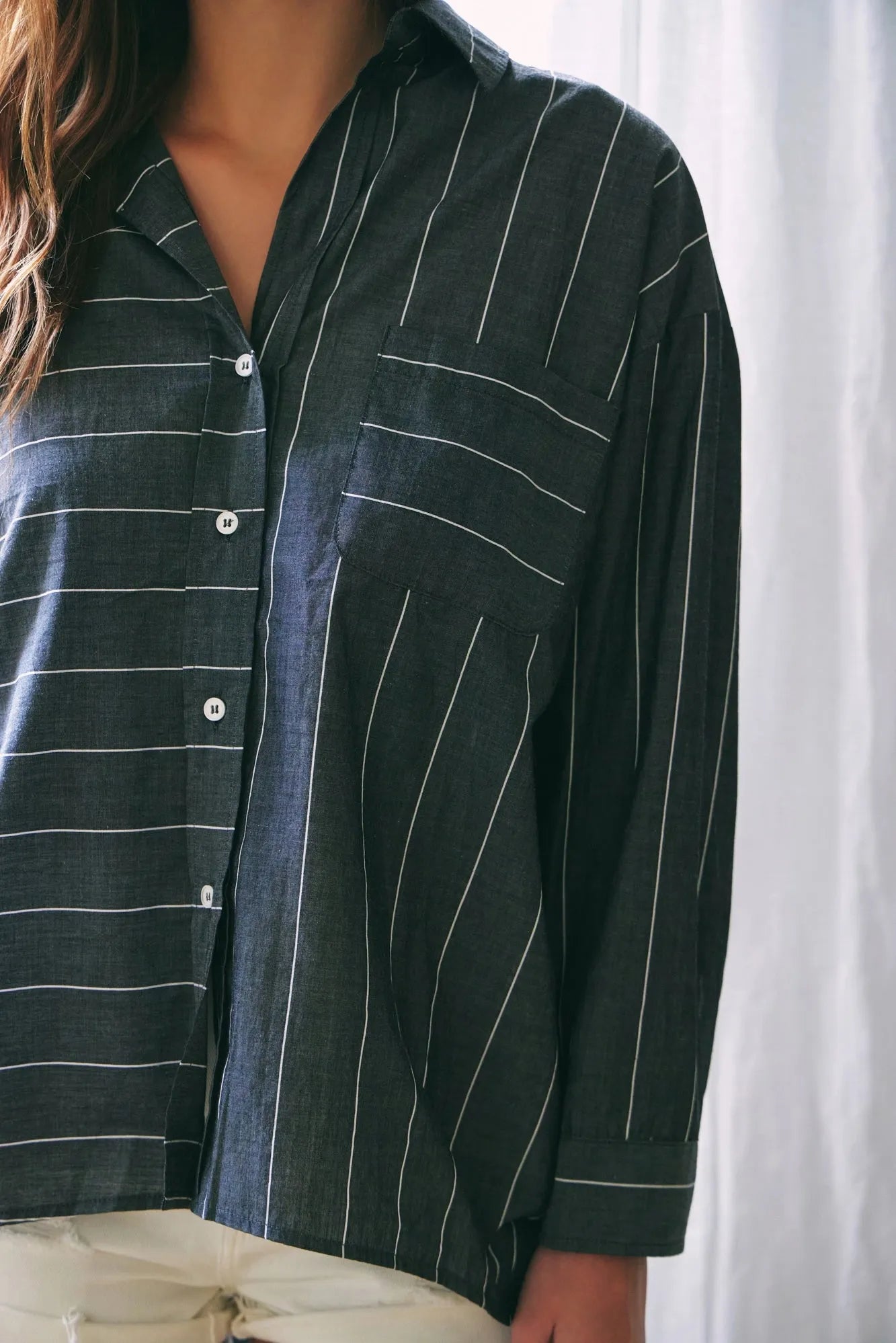 Cotton Stripe Single Pocket Button Up Shirt Top - Tasha Apparel Wholesale