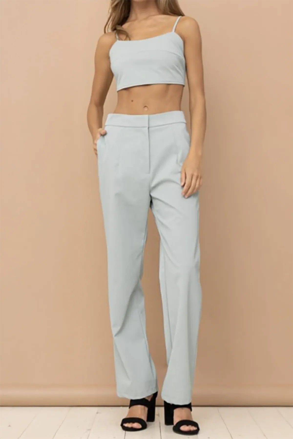 Faux Leather Crop Top & High Waist Pants Set - Tasha Apparel Wholesale