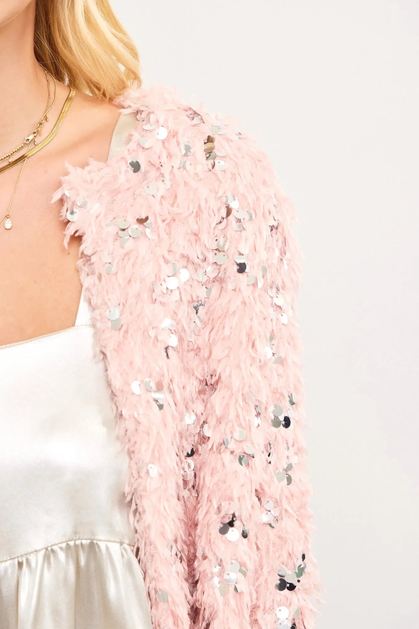 Sequin Faux Feather Padded Shoulder Cropped Jacket - Tasha Apparel Wholesale