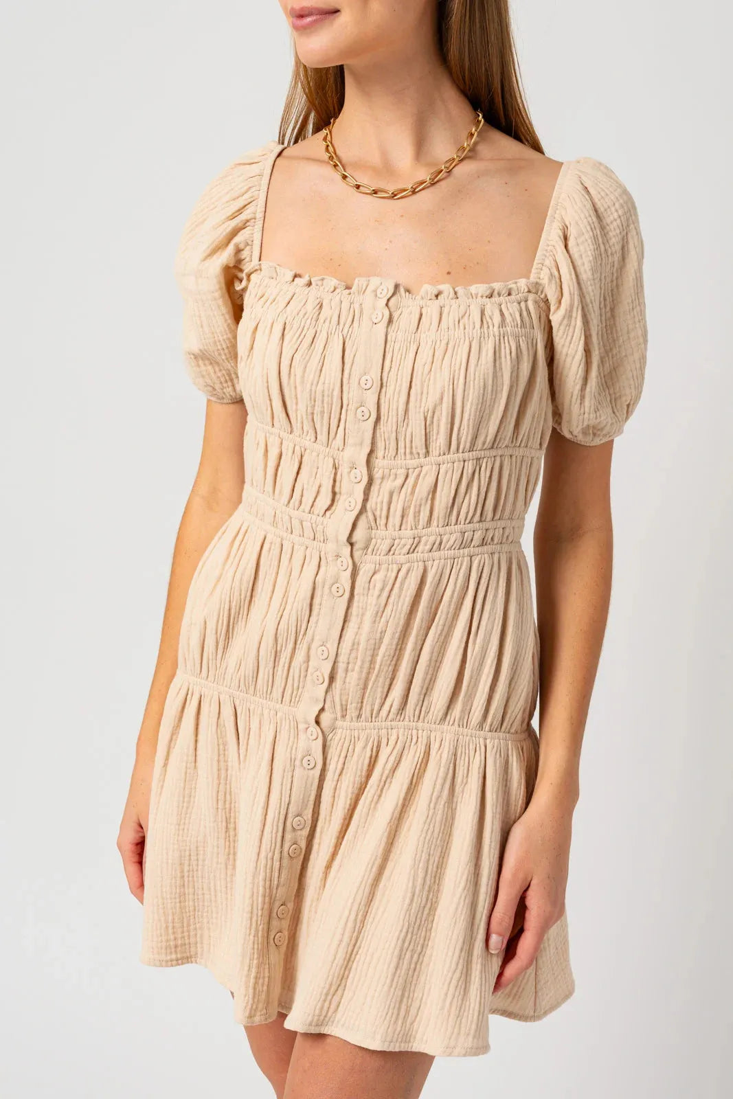 Puff Short Sleeve Shirring Mini Dress - Tasha Apparel Wholesale