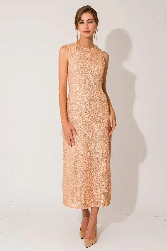 Sequin Sleeveless Round Neck Back Slit Maxi Dress Sequin Sleeveless Round Neck Back Slit Maxi Dress