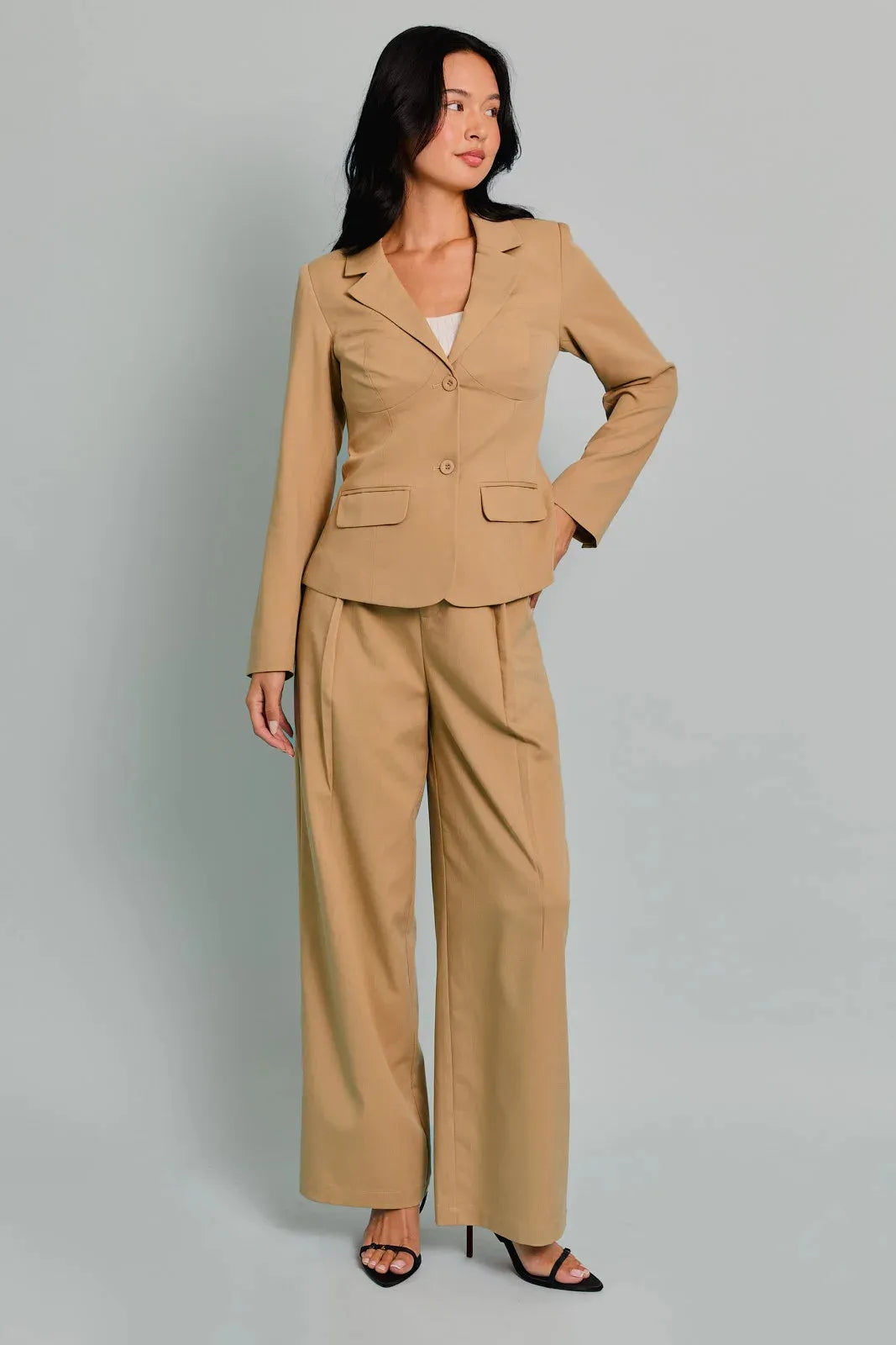 Camel Two Pocket Two Button Closure Blazer - Tasha Apparel Wholesale