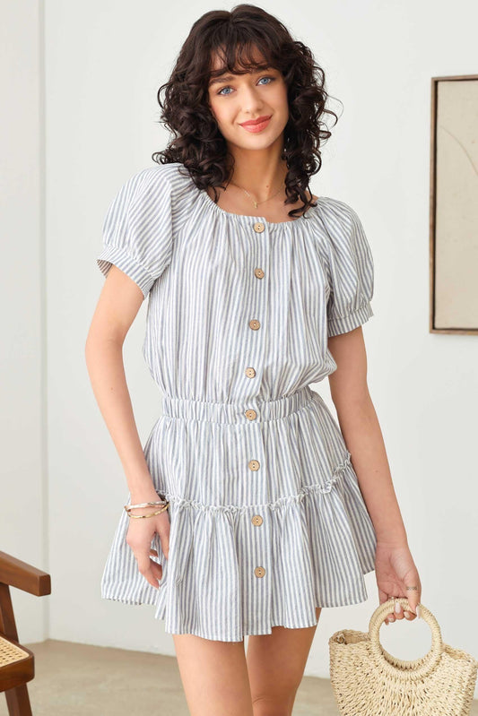 Striped Button Smocked Tiered Silhouette Short Sleeve Dress
