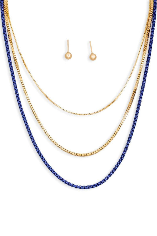 3 Layer Assorted Chain Necklace Small Ball Earring Set - Tasha Apparel Wholesale