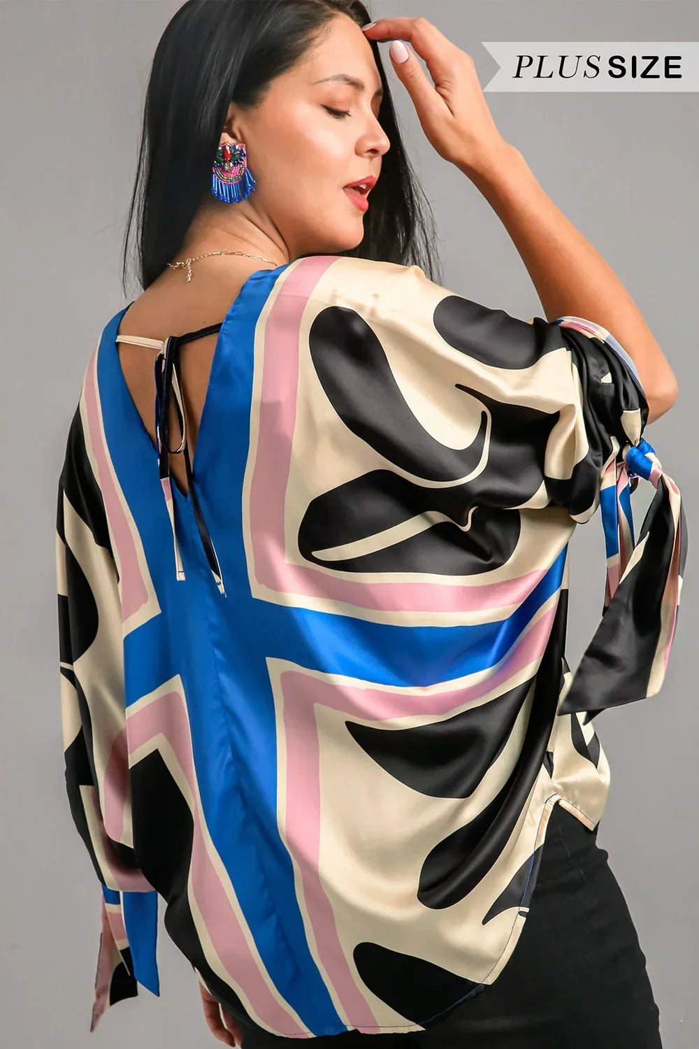 Plus Size Abstract Geometric Print Tie Sleeve Satin Luxurious Statement Top - Tasha Apparel Wholesale