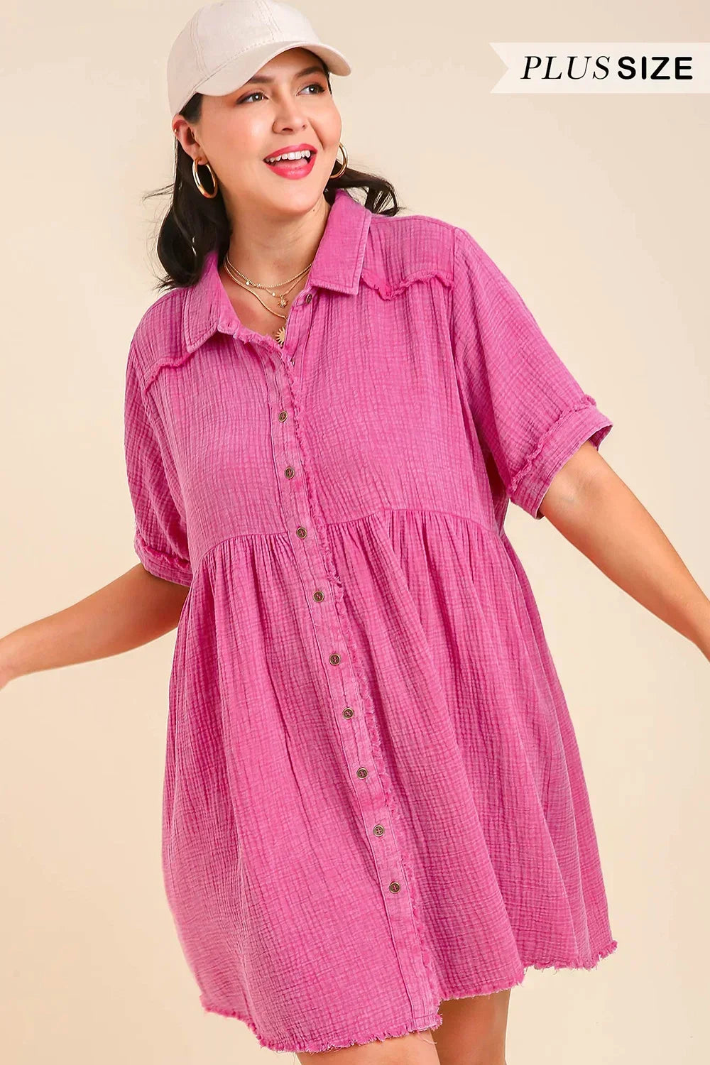 Plus Size Cotton Gauze Button Front Collared Pink Summer Shirt Dress Plus Size Cotton Gauze Button Front Collared Pink Summer Shirt Dress