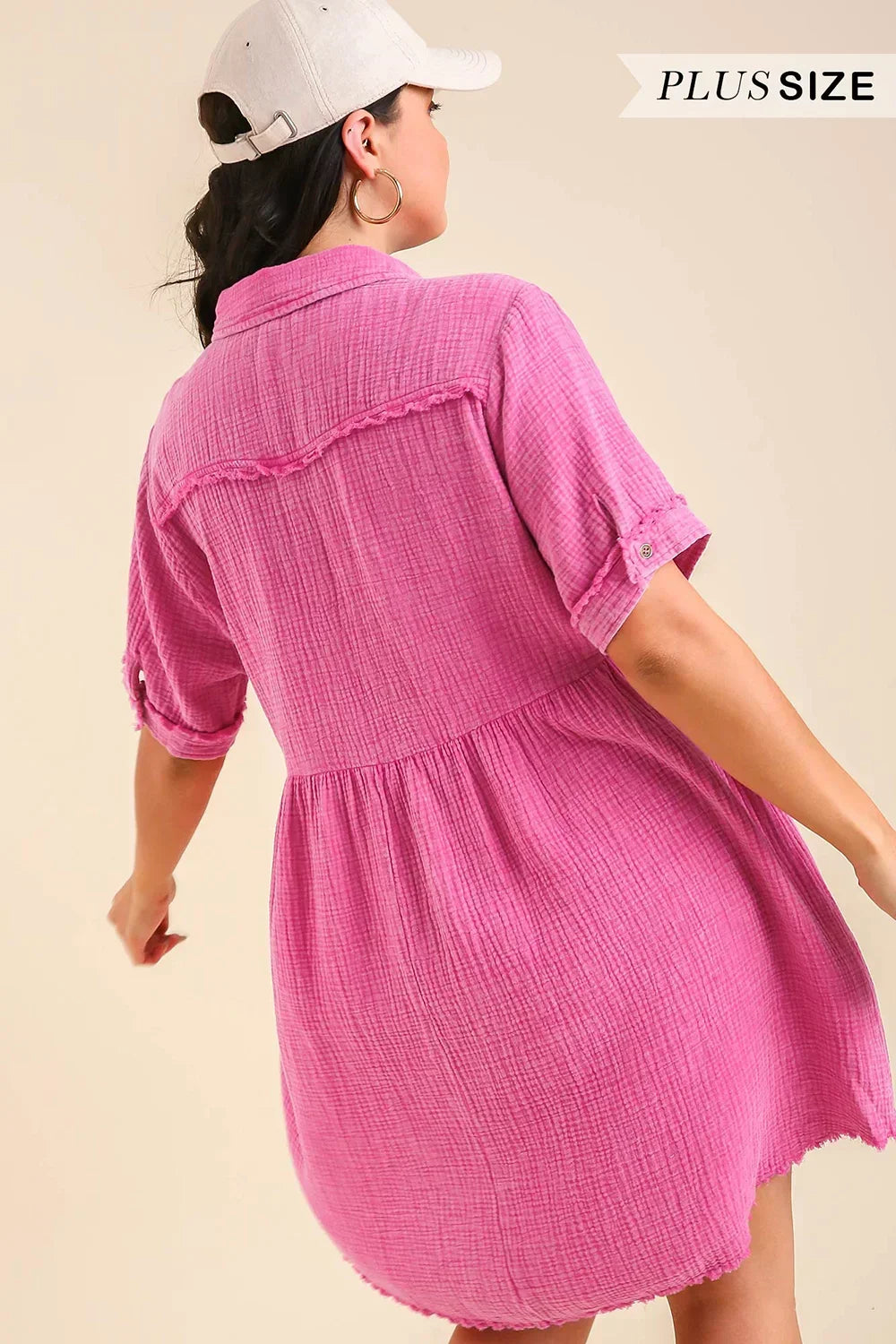 Plus Size Cotton Gauze Button Front Collared Pink Summer Shirt Dress - Tasha Apparel Wholesale