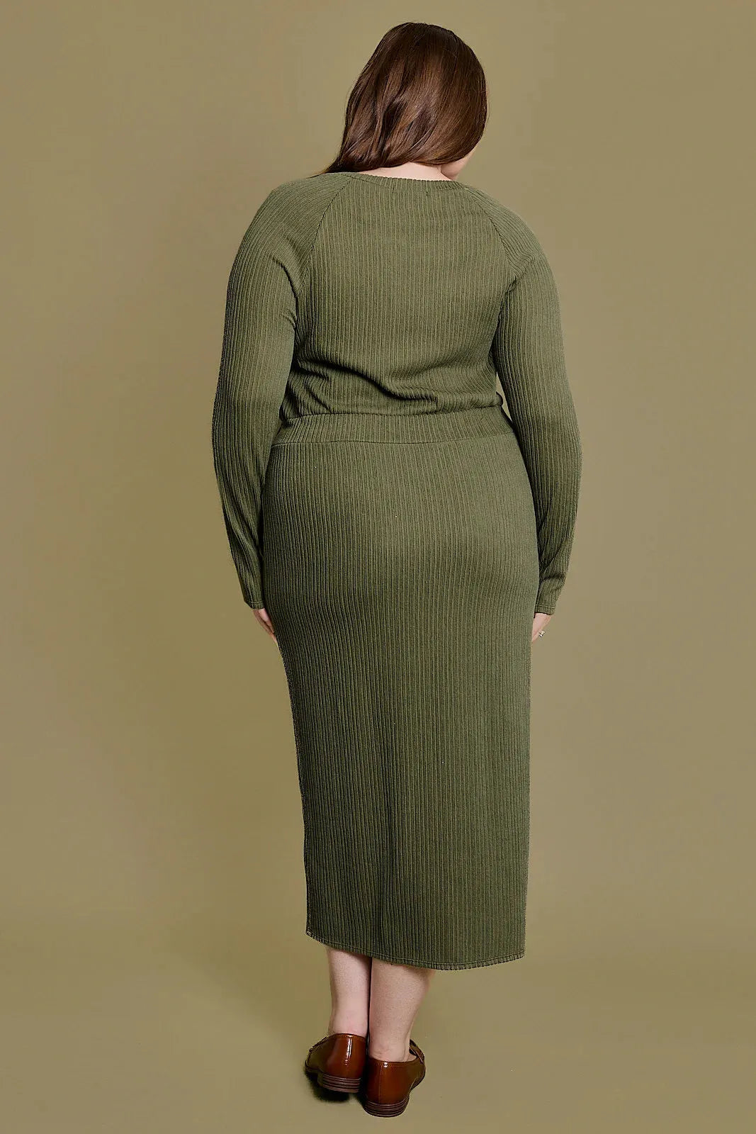 Plus Size Ribbed Drawstring Front Slit Midi Dress - Tasha Apparel Wholesale