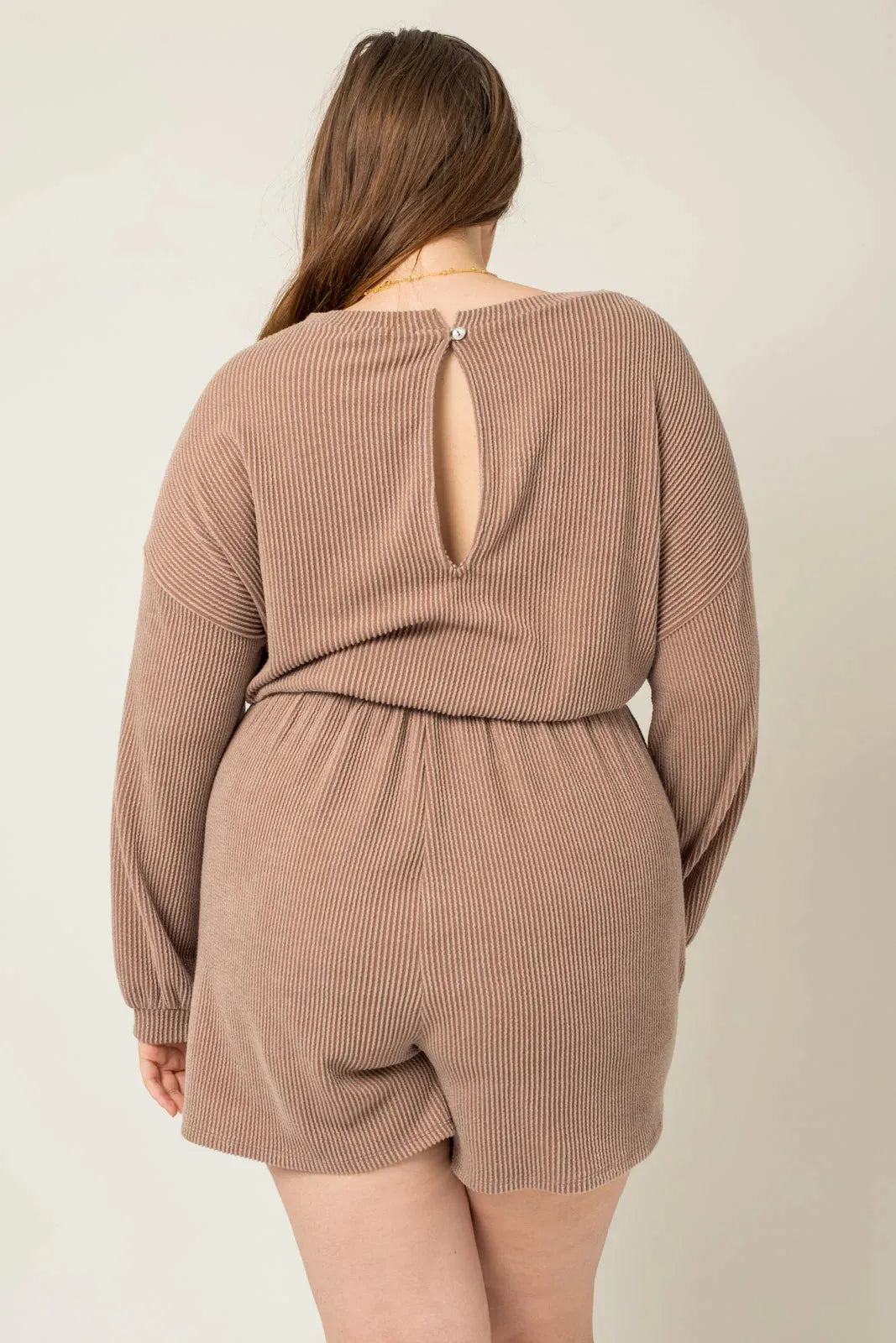 Plus Size Ribbed Long Sleeve Side Pocket Romper - Tasha Apparel Wholesale