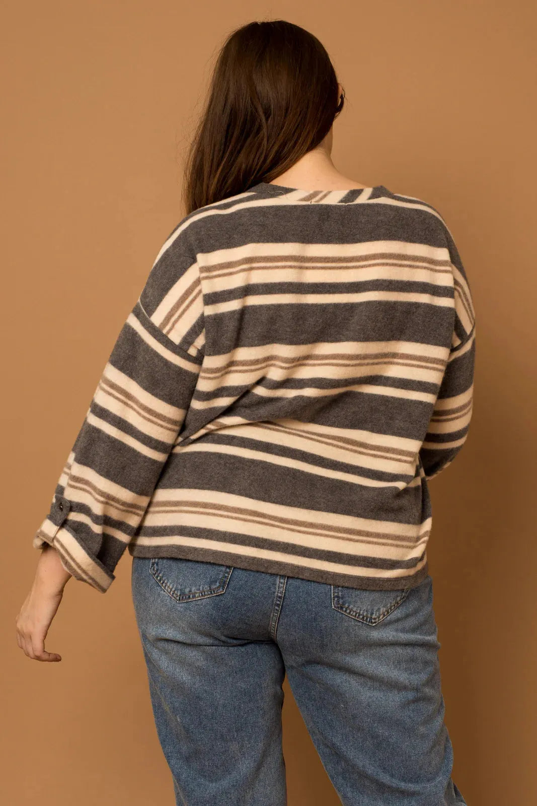 Plus Size striped Long Sleeve Round Neck Top - Tasha Apparel Wholesale