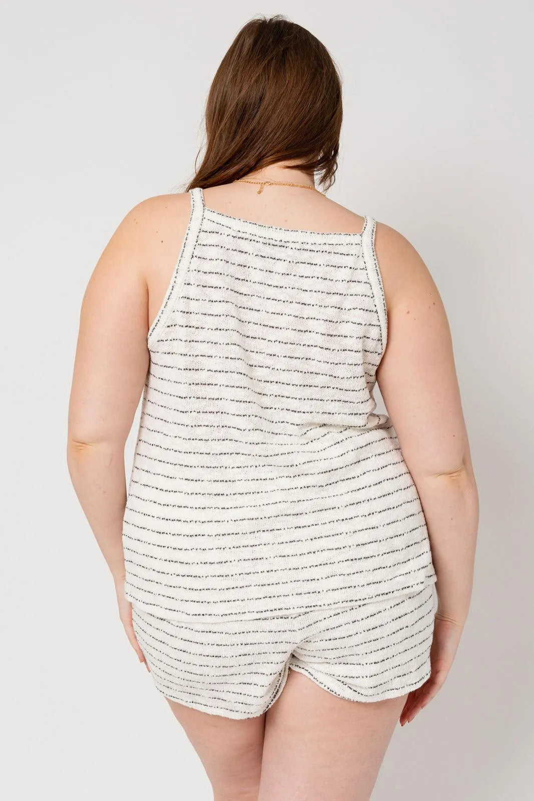 Plus Size Tie Shoulder Stripe Top & Self Tie Shorts Set - Tasha Apparel Wholesale