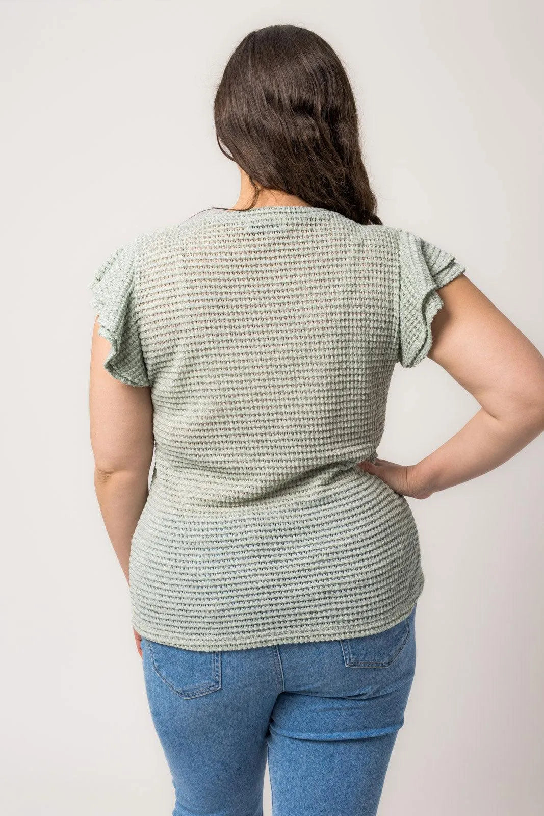 Plus Size Short Ruffle Sleeve Waffle Textured Top - Tasha Apparel Wholesale