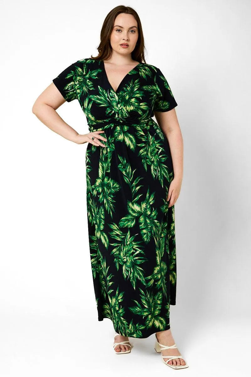 Plus Size Short Sleeve Front Twist Tropical Maxi Dress Plus Size Short Sleeve Front Twist Tropical Maxi Dress