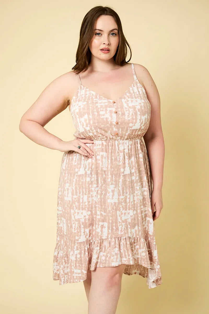 Plus Size V-Neck Front Tie Ruffled Row Hem Cami Midi Dress Taupe / 1X-2X-3X/3-2-1 Plus Size V-Neck Front Tie Ruffled Row Hem Cami Midi Dress Taupe / 1X-2X-3X/3-2-1