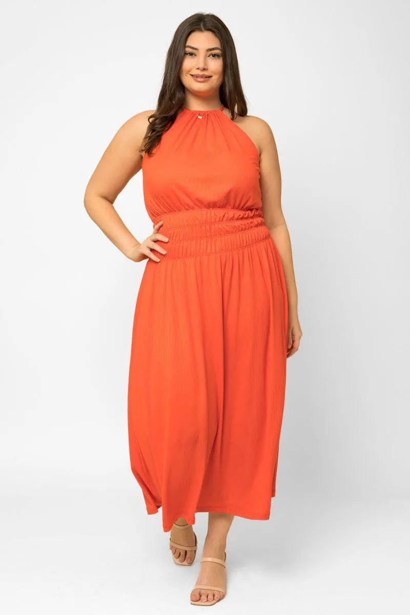 Plus Size Ribbed Halter Elastic Waist Maxi Dress Plus Size Ribbed Halter Elastic Waist Maxi Dress