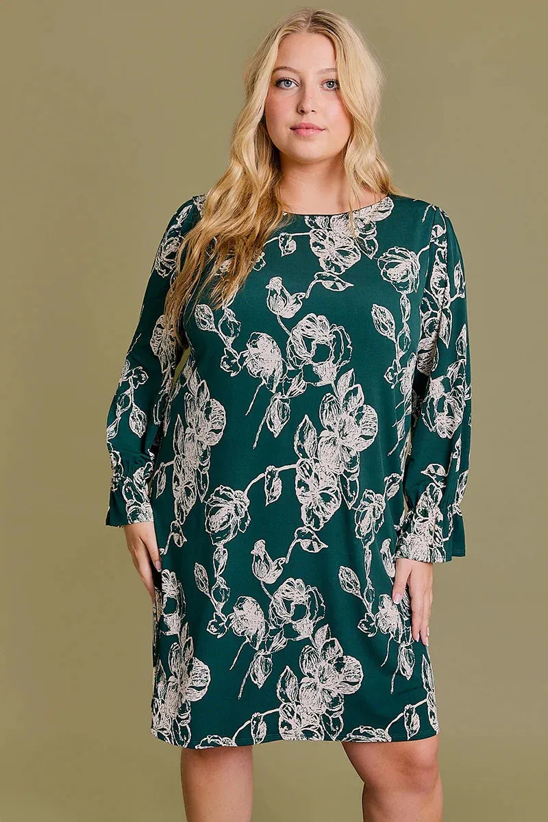 Plus Size Floral Print Long Elastic Sleeve Mini Dress Forest Green Floral / 1X-2X-3X/3-2-1