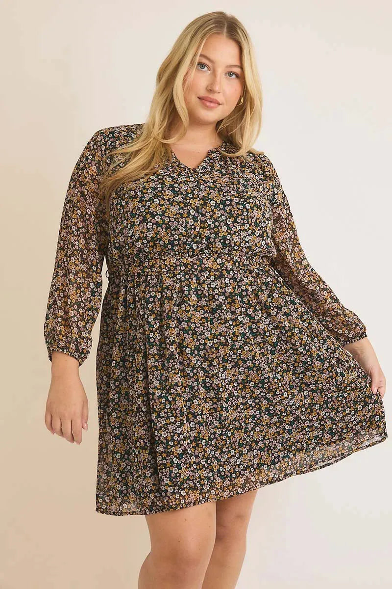 Plus Size Ditsy Chiffon Long Sleeve Buttoned Mini Dress Plus Size Ditsy Chiffon Long Sleeve Buttoned Mini Dress