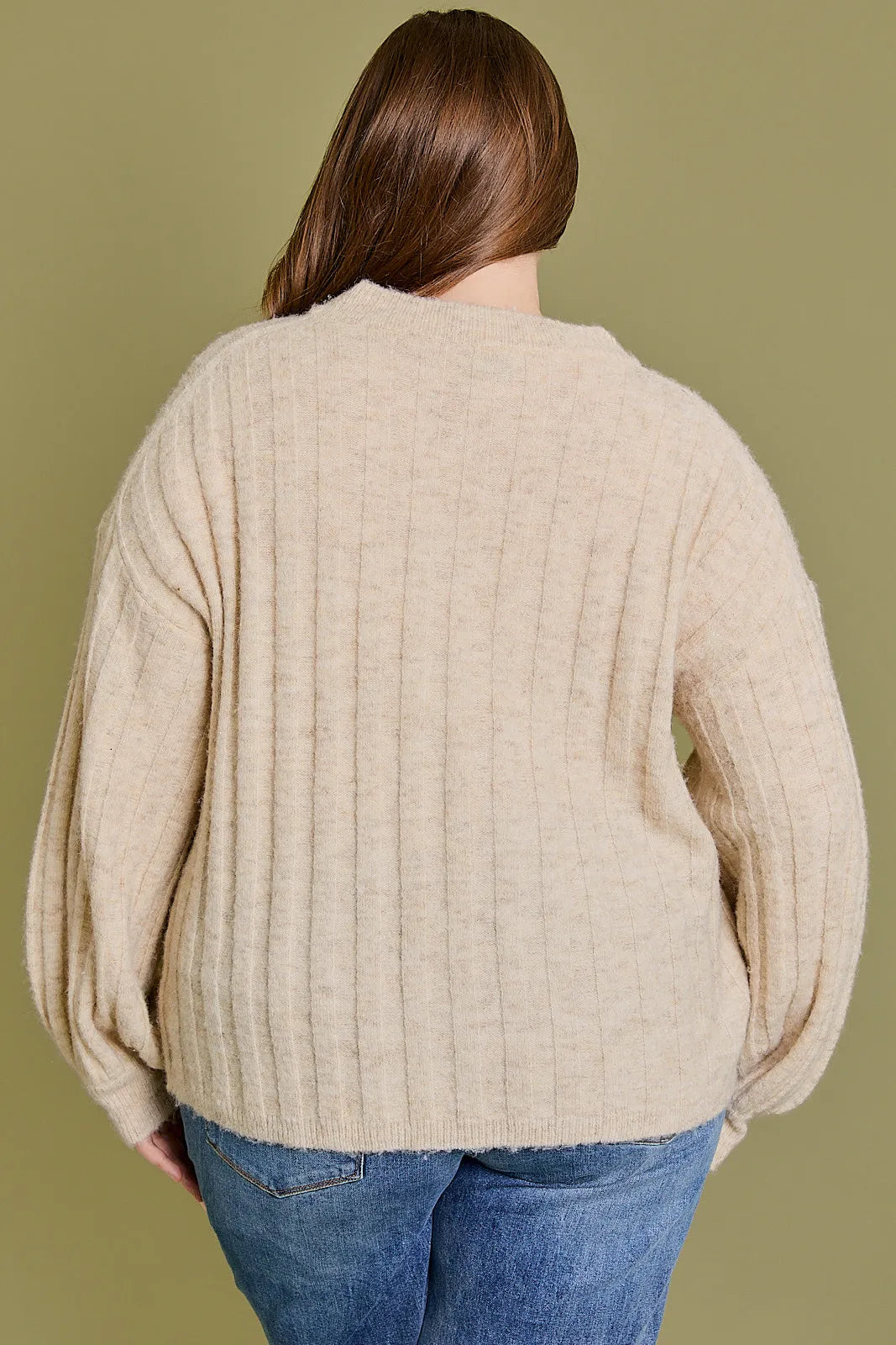 Plus Size Subtle Ribbing Detail Long Sleeve Sweater - Tasha Apparel Wholesale