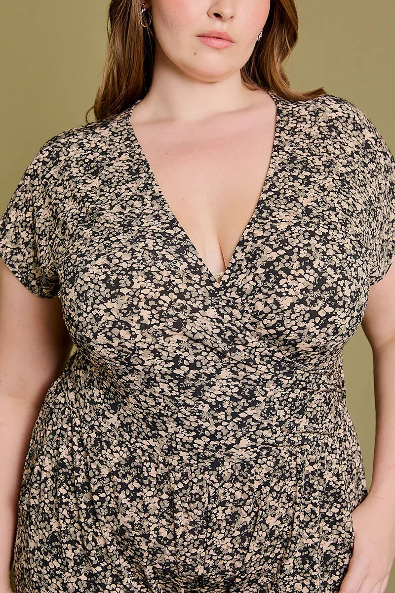 Plus Size Floral V-Neck Short Sleeve Jumpsuit - Tasha Apparel Wholesale