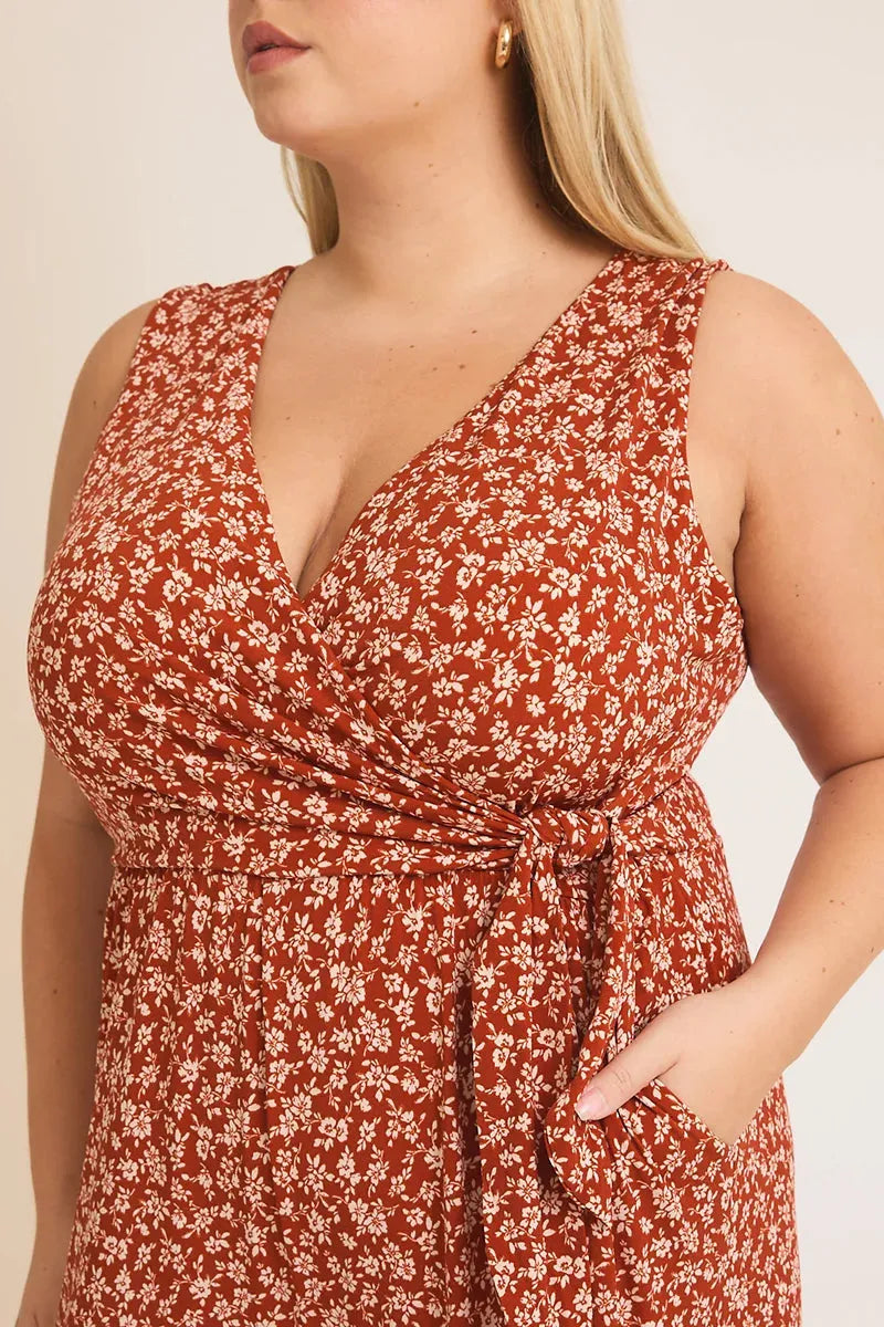 Plus Size Floral Print Sleeveless Wrap Tie Jumpsuit - Tasha Apparel Wholesale