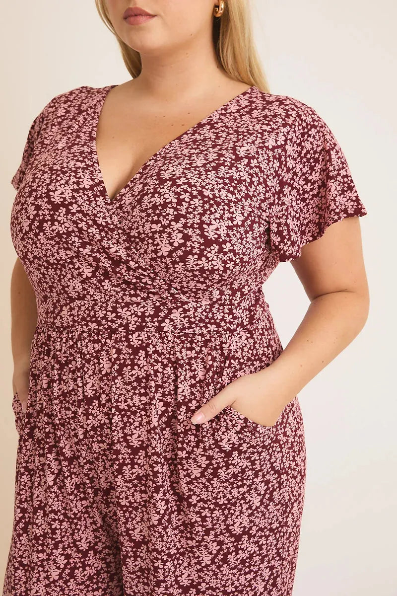 Plus Size Floral Print Wrap Short Sleeve Jumpsuit - Tasha Apparel Wholesale