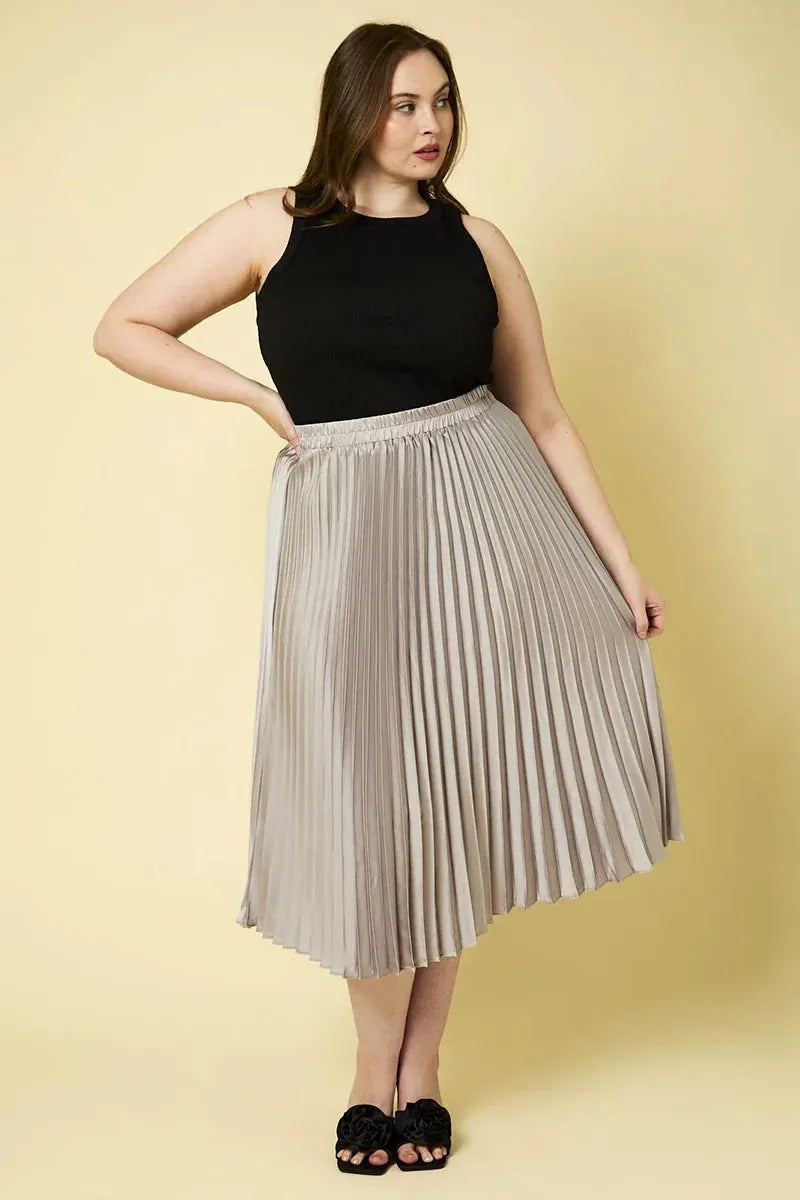 Plus Size Foiled Satin Pleated Metallic Midi Skirt
