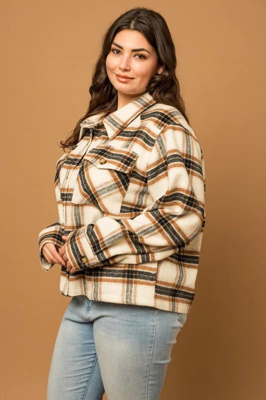 Plus Size Long Sleeve Flannel Plaid Shacket - Tasha Apparel Wholesale