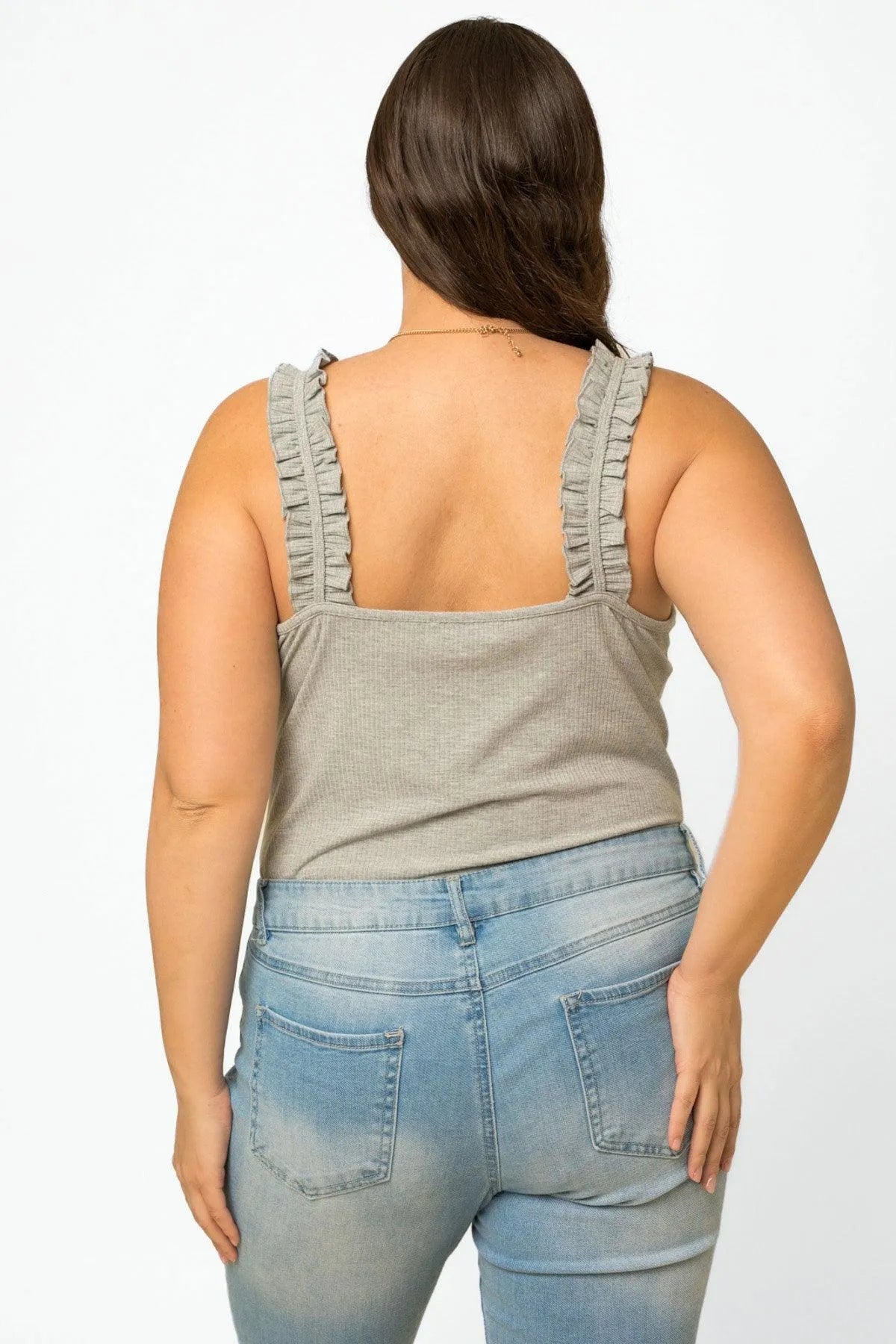 Plus Size Ribbed Ruffle Straps Square Neck-Line Bodysuit - Tasha Apparel Wholesale