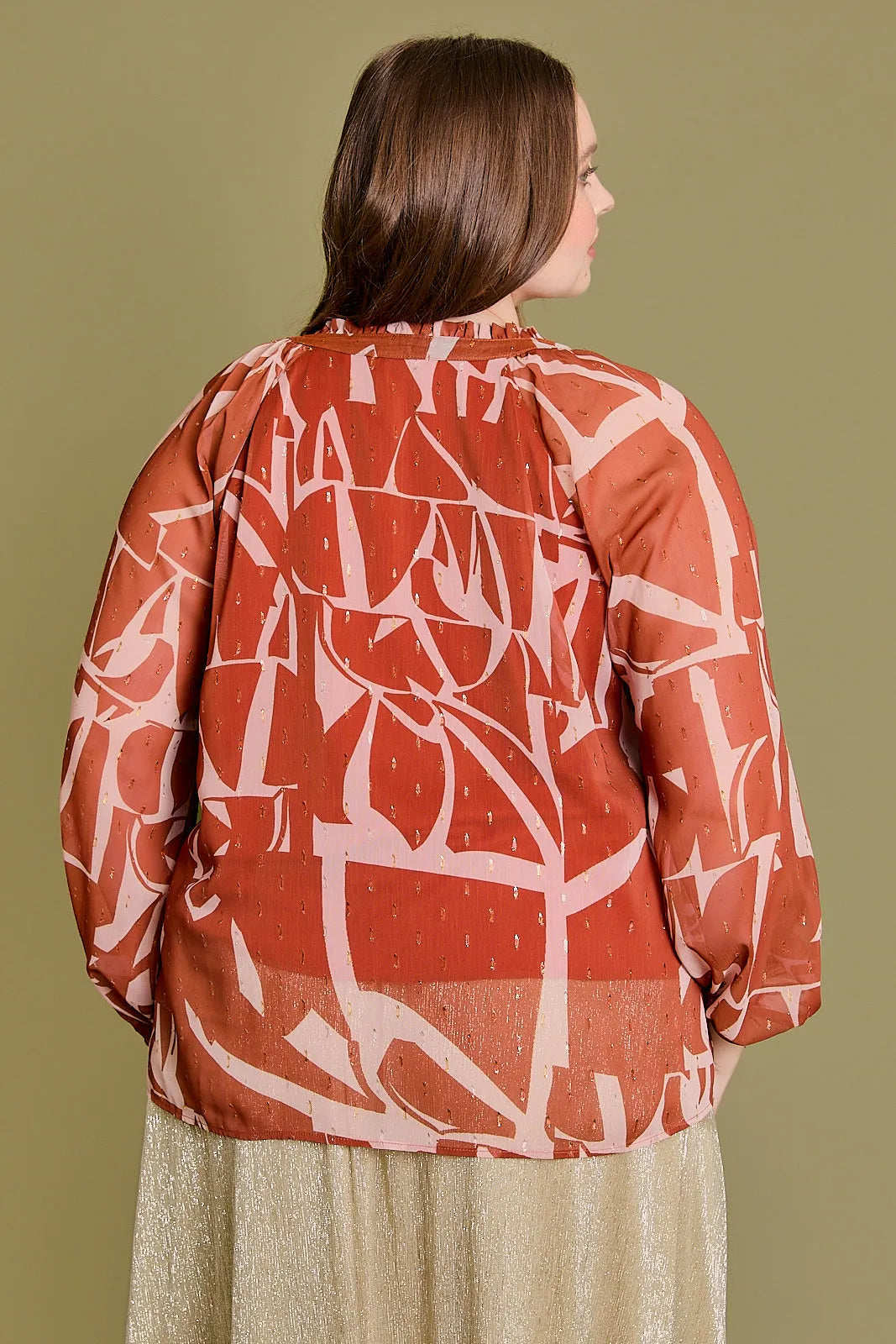 Plus Size Ruffle Abstract Long Sleeve V-Neck Blouse - Tasha Apparel Wholesale