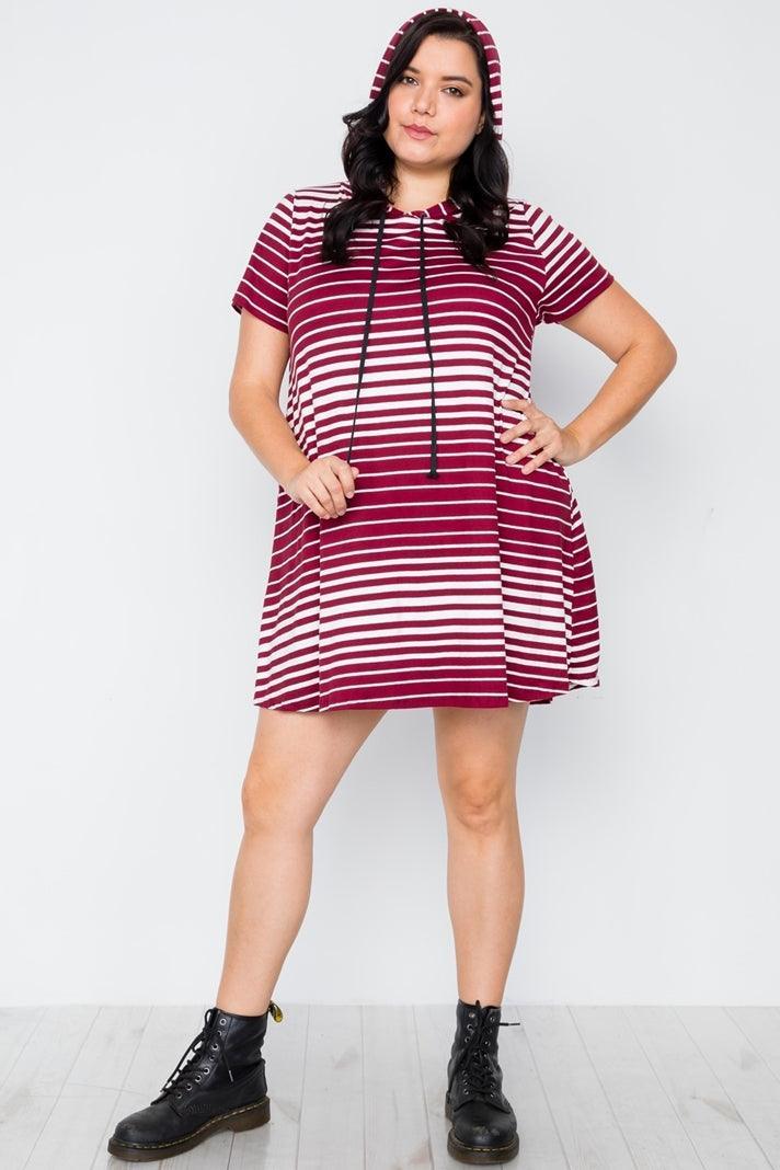 Plus Size Burgundy Stripe Short Sleeve Hooded Shirt Mini Dress - Tasha Apparel Wholesale