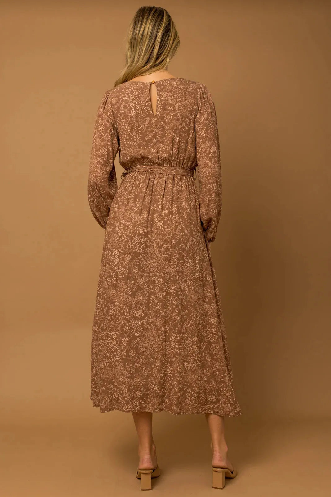 Boho Floral Front Tie Side Slit Long Sleeve Maxi Dress - Tasha Apparel Wholesale