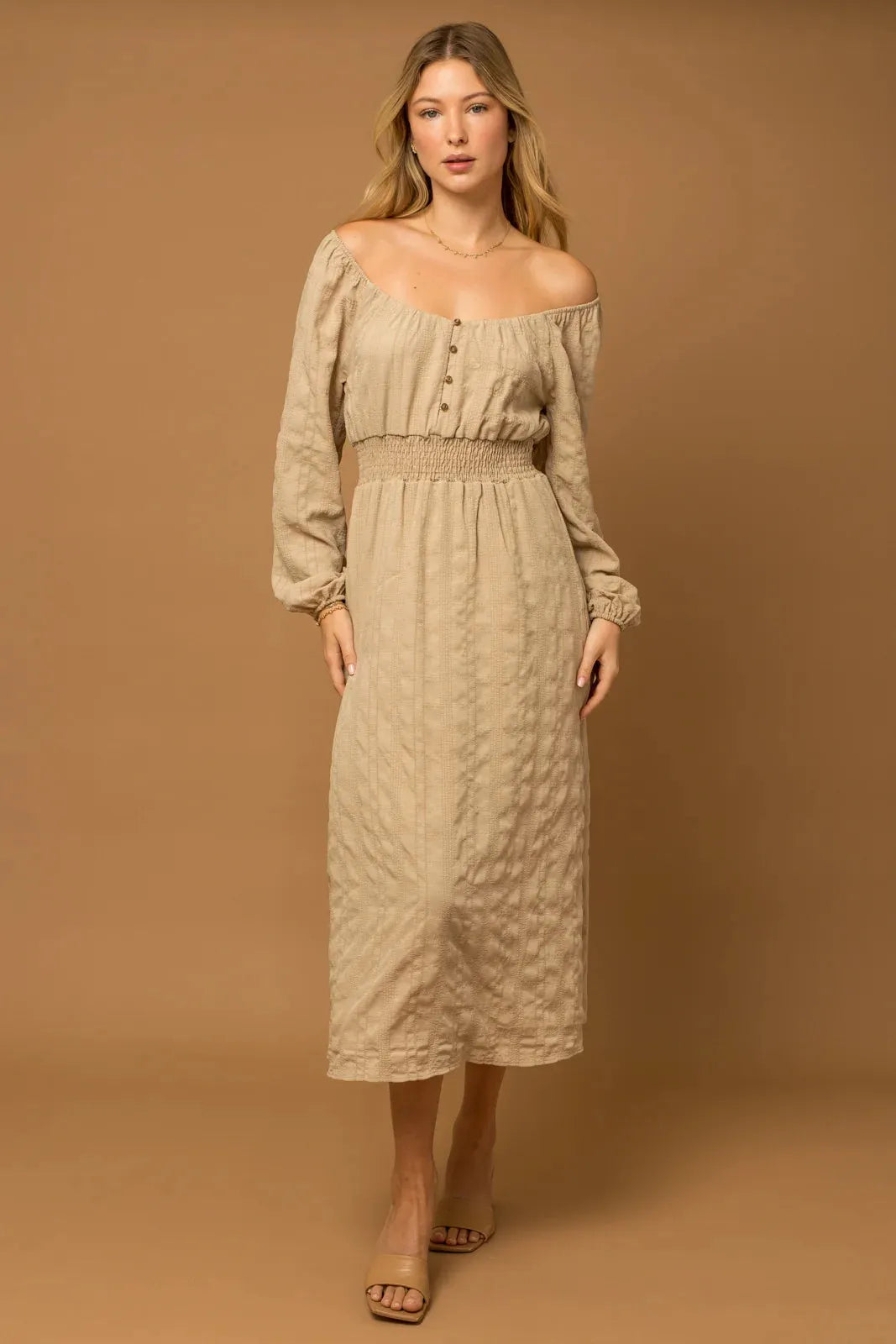 Boho Textured Long-Sleeve Smocked-Waist Maxi Dress Boho Textured Long-Sleeve Smocked-Waist Maxi Dress