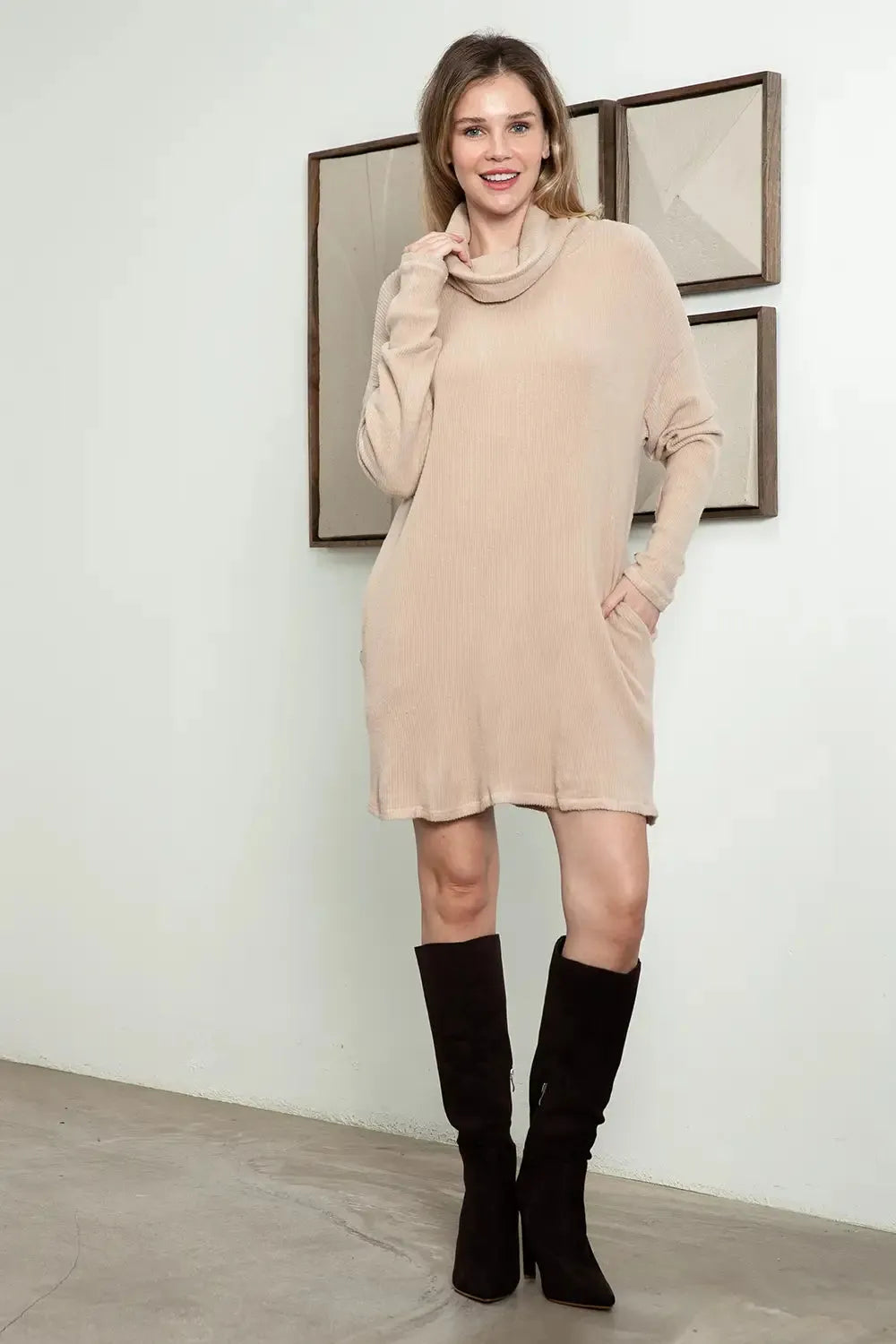 Ribbed Wide Tight Length Lined Turtleneck Knit Sweater Mini Dress - Tasha Apparel Wholesale