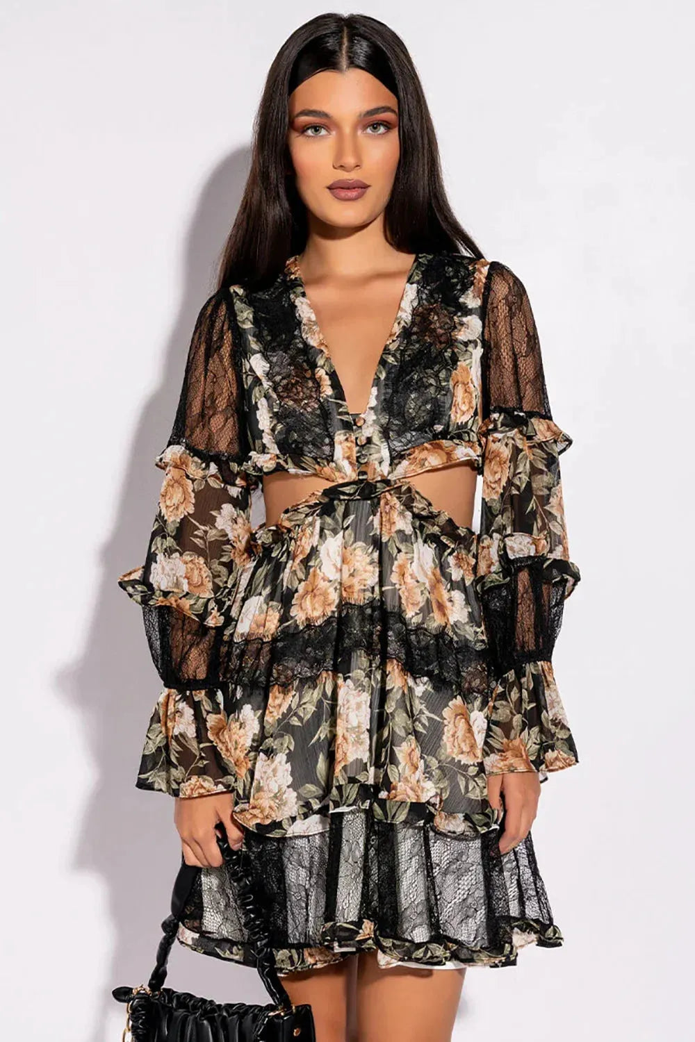 Floral Lace Detail V-Neck Tiered Cut-Out Back Zipper Mini Dress Floral Lace Detail V-Neck Tiered Cut-Out Back Zipper Mini Dress