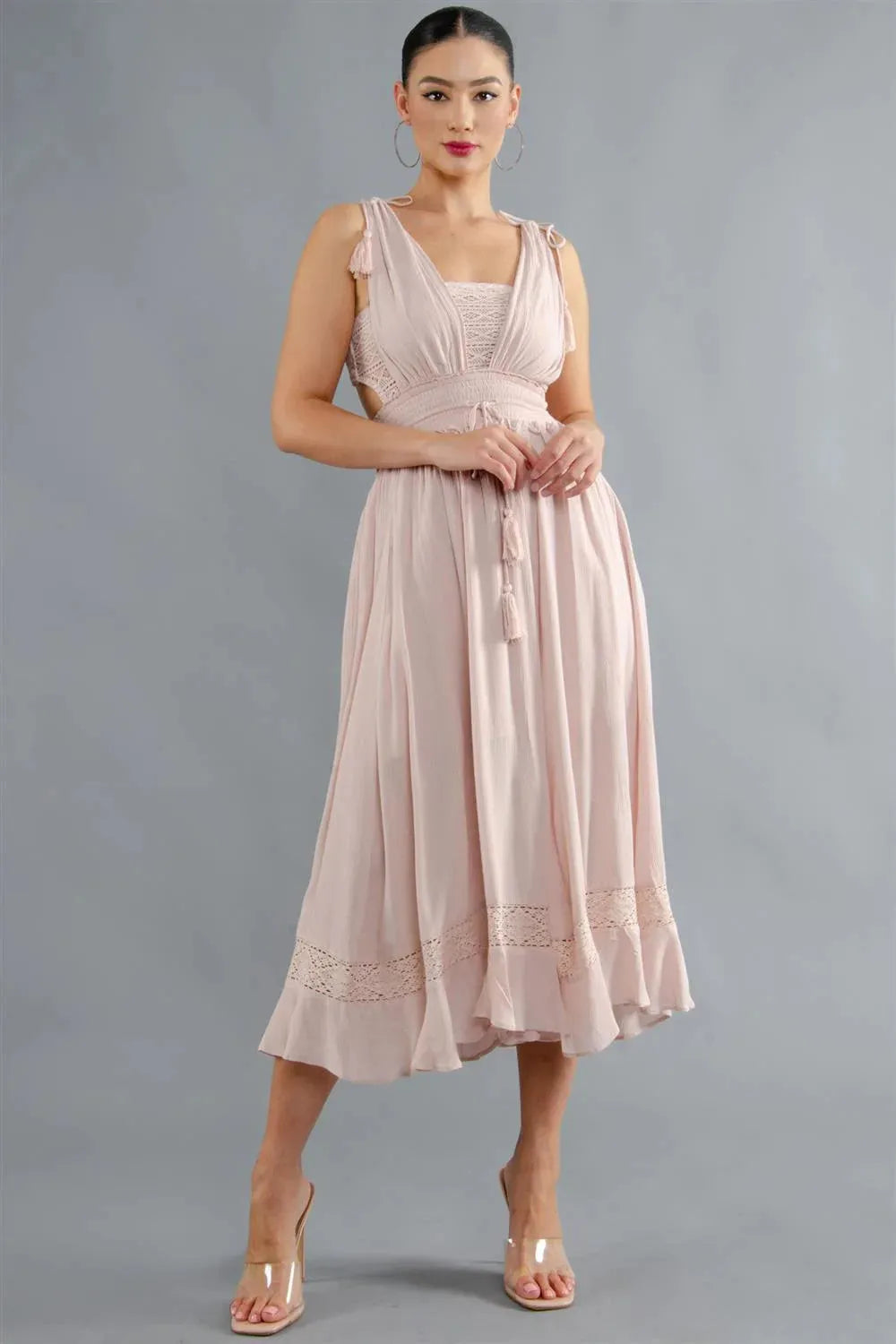 Bohemian Tassel Tie Waist Midi Dress - Romantic Summer Crochet Lace Bohemian Tassel Tie Waist Midi Dress - Romantic Summer Crochet Lace