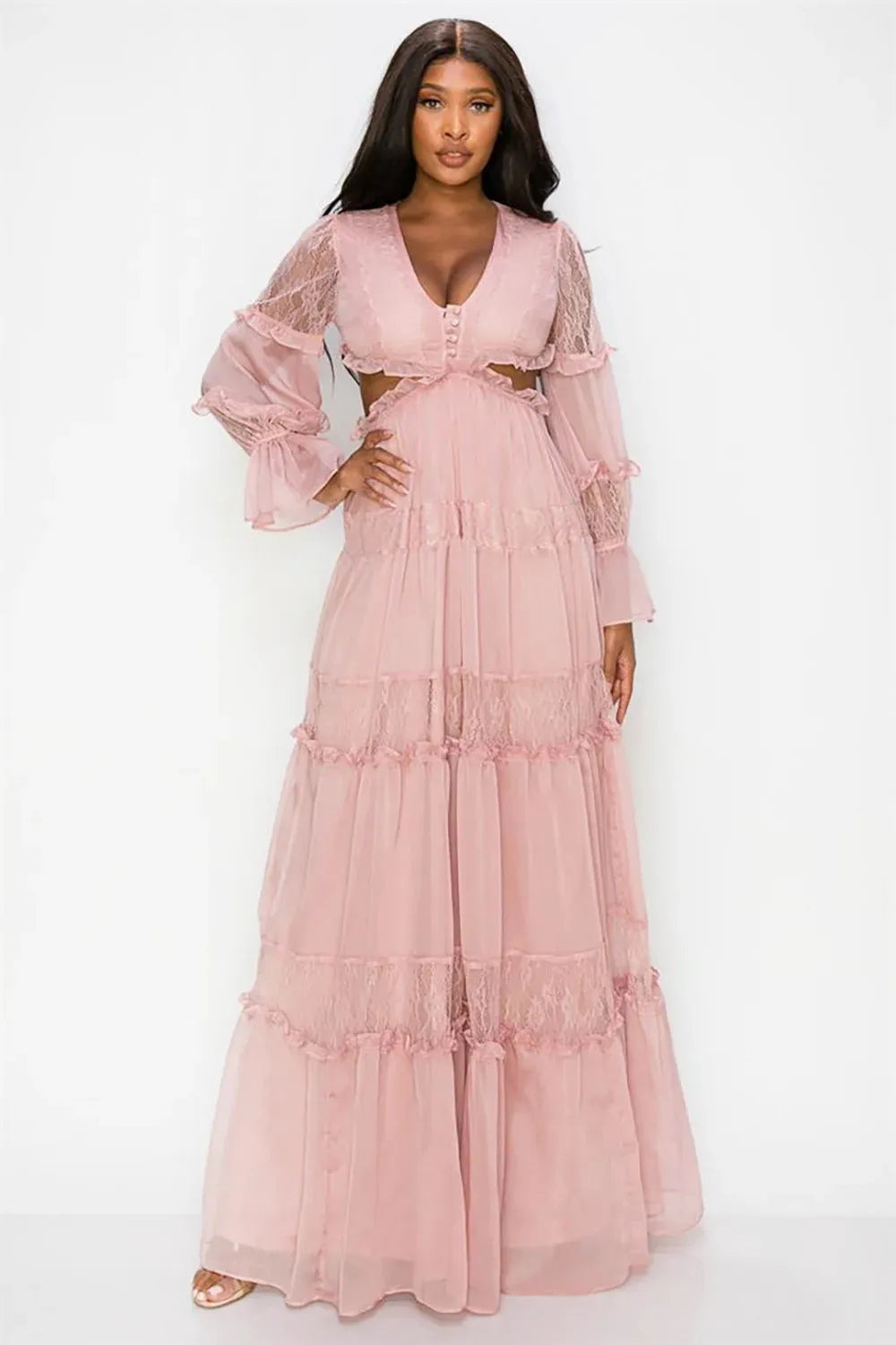 Lace Tiered Ruffle Bell Sleeve Maxi Dress - Romantic Cutout Bohemian Design Lace Tiered Ruffle Bell Sleeve Maxi Dress - Romantic Cutout Bohemian Design
