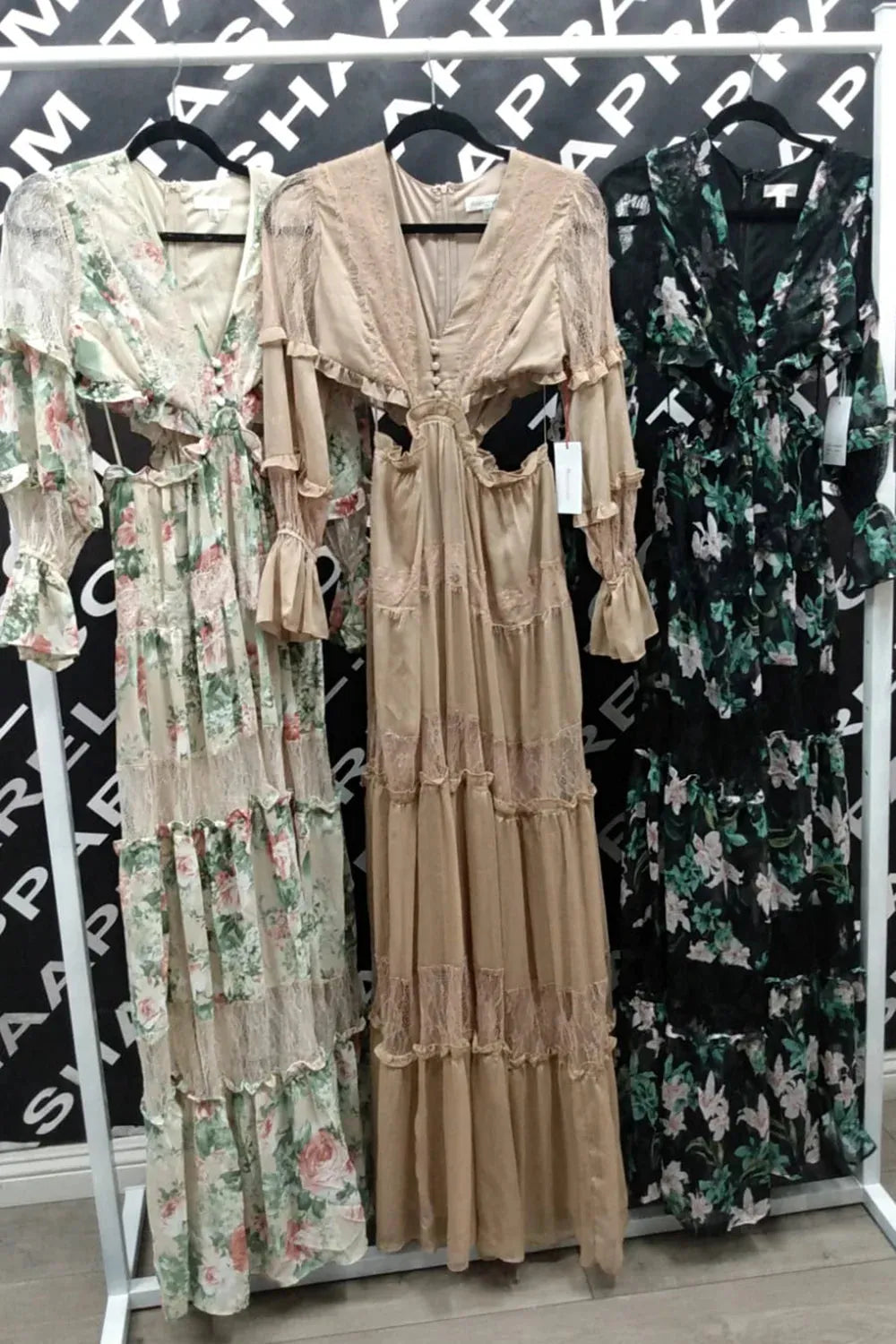 Lace Tiered Ruffle Bell Sleeve Maxi Dress - Romantic Cutout Bohemian Design - Tasha Apparel Wholesale