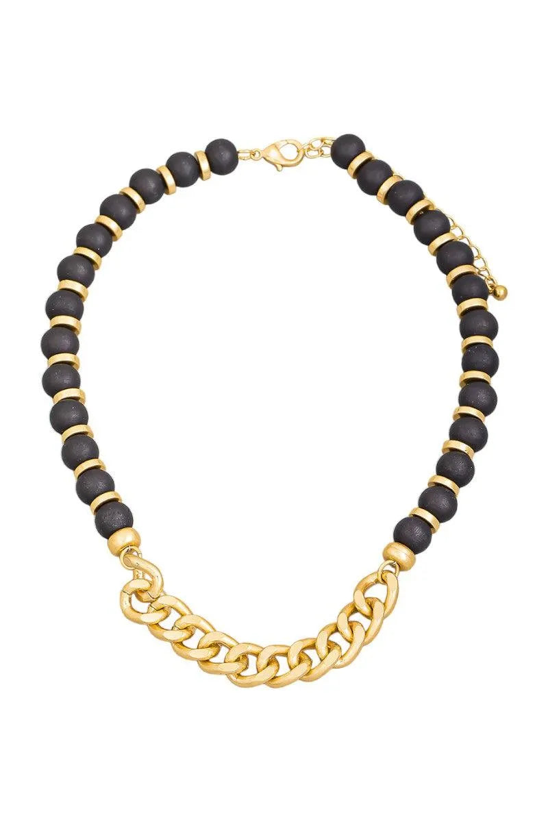 Metal Chain Link Accented Beaded Wood Mid Length Necklace - Tasha Apparel Wholesale