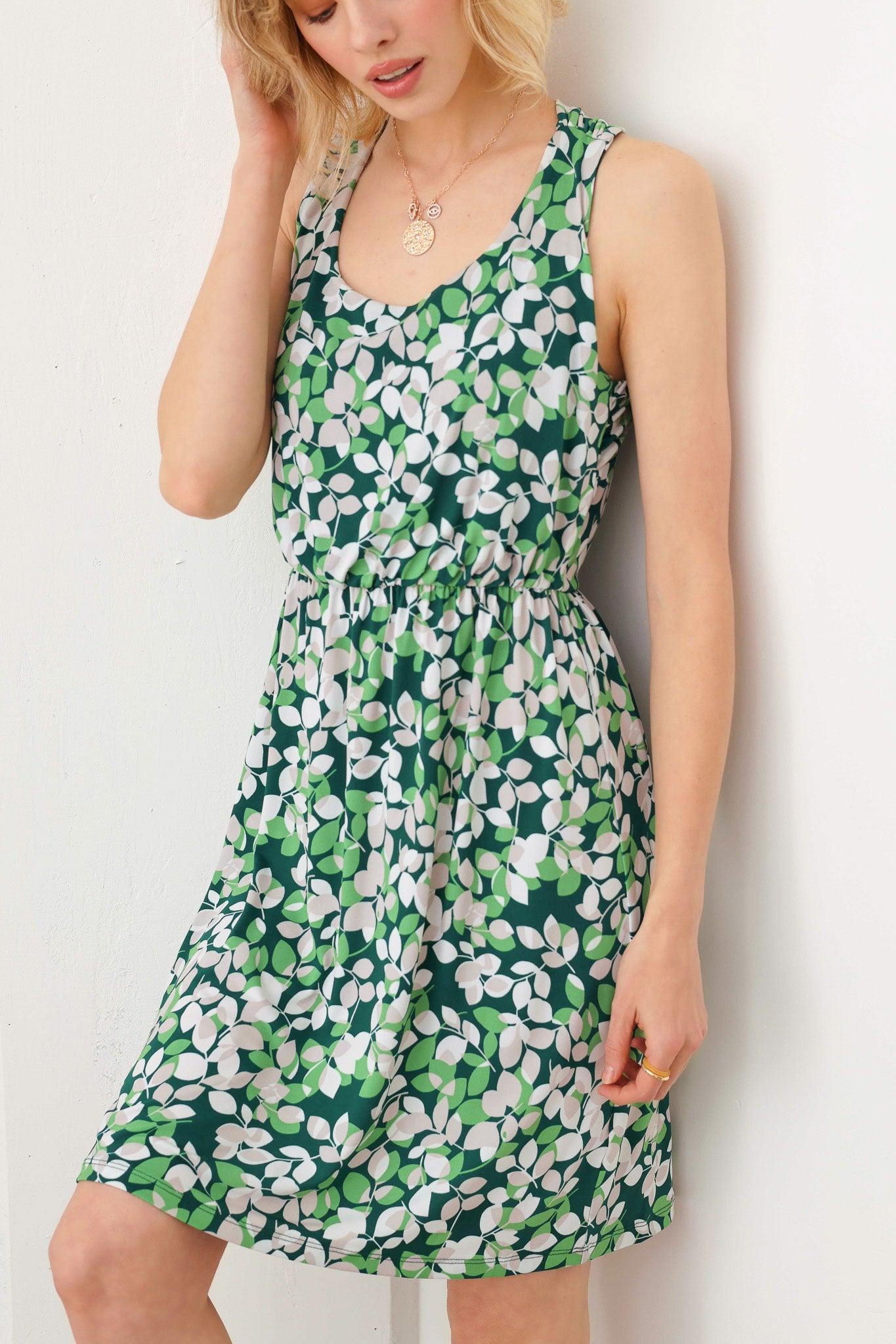 Casual Floral Print Cross Back Sleeve Flowy Hem Mini Dress - Tasha Apparel Wholesale