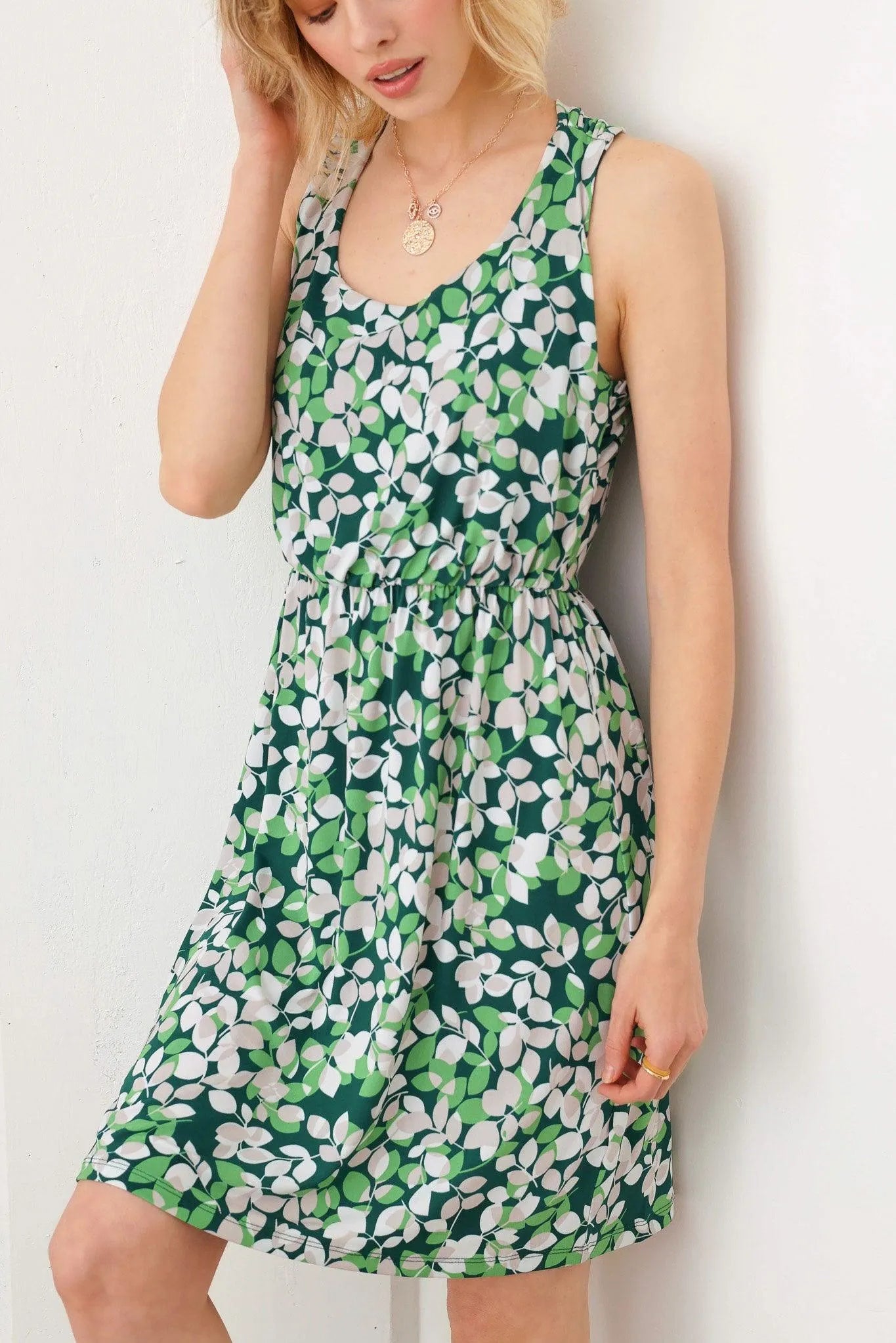 Casual Floral Print Cross Back Sleeve Flowy Hem Mini Dress - Tasha Apparel Wholesale