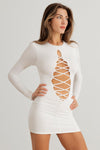 Off-White Front Lace-Up Long Sleeve Mini Dress /2-2-2
