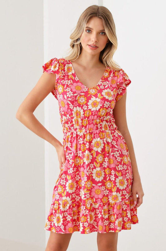 Floral Print Ruffle Cap Sleeves V Neckline Hem Babydoll Mini Dress - Tasha Apparel