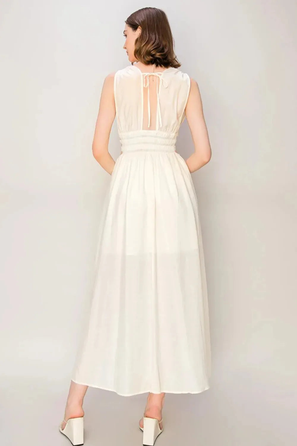 Elegant Side Cut Smocked Waist V-Neck Sleeveless Maxi Dress - Tasha Apparel Wholesale