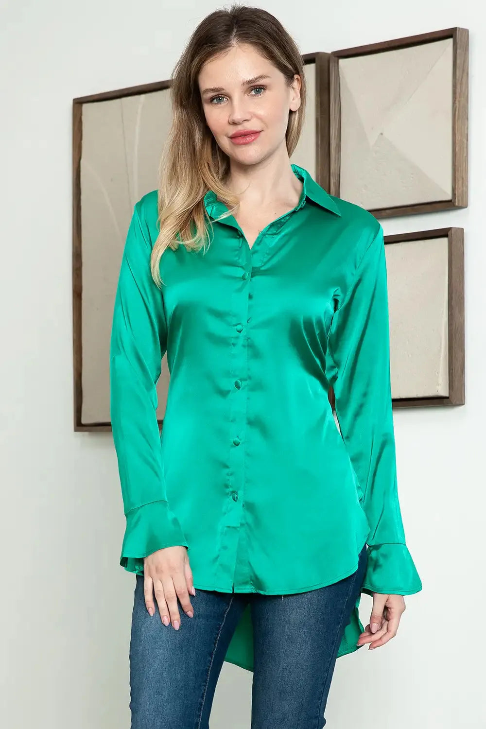 Satin Back Criss Cross Back Side Slit Long Sleeve Shirt Emerald / S-M-L-XL/1-2-2-1 Satin Back Criss Cross Back Side Slit Long Sleeve Shirt Emerald / S-M-L-XL/1-2-2-1