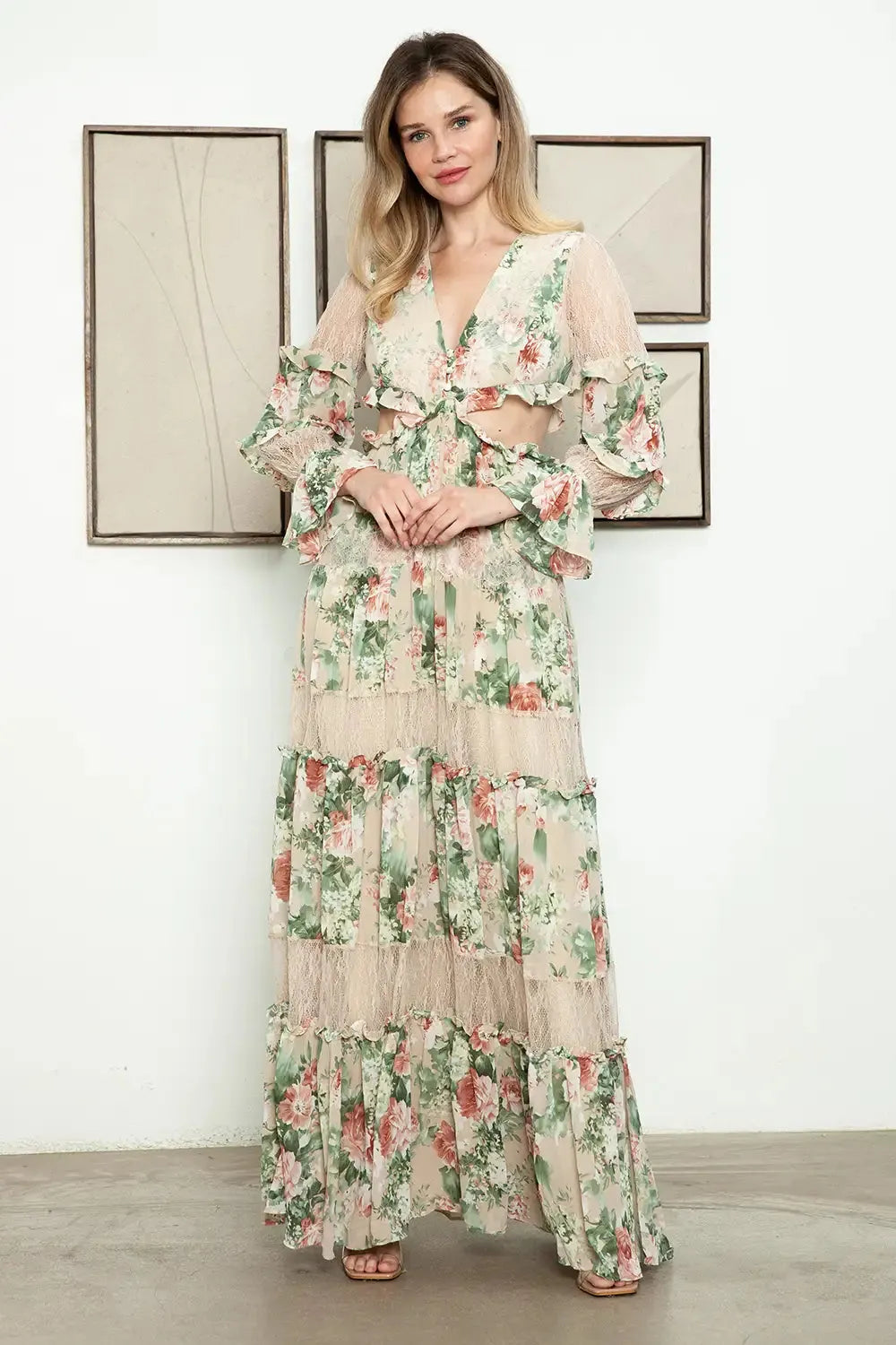 Cut Out Floral Sheer Lace Detail Tiered Long Sleeve Front Button Maxi Dress - Tasha Apparel Wholesale