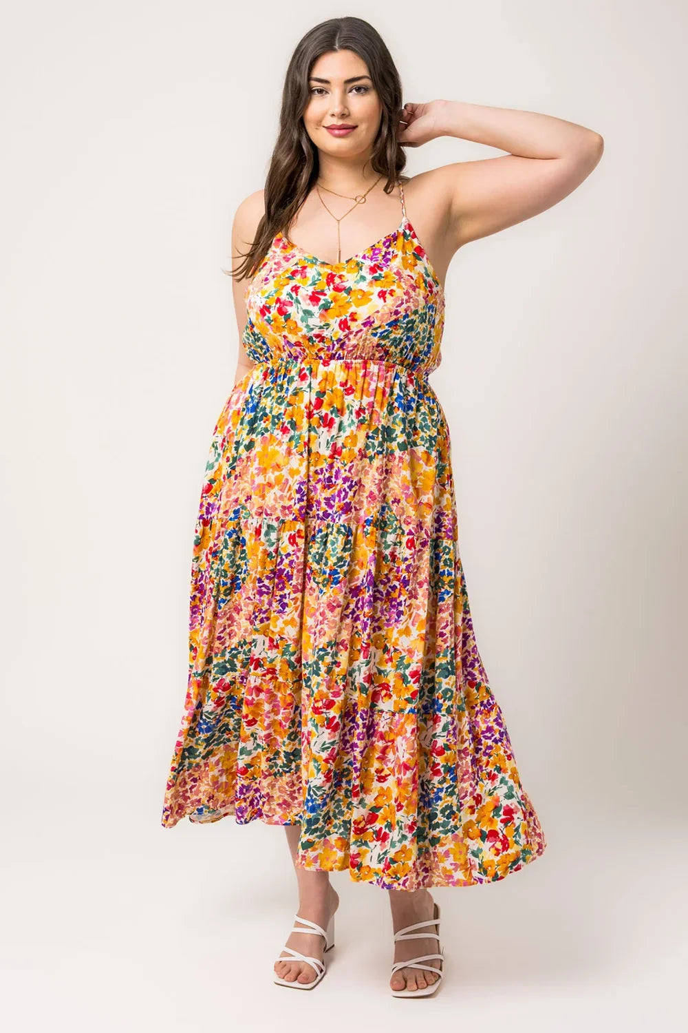 Plus Size Floral Sleevelee Adjustable Strap Tierd Midi Dress - Tasha Apparel Wholesale