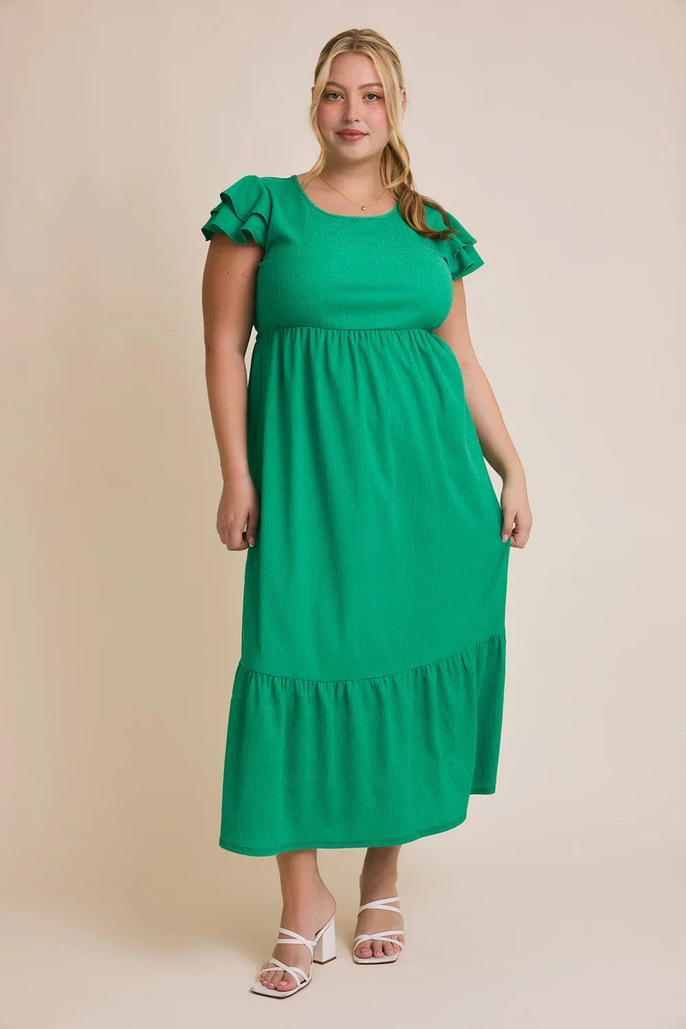 Plus Size Flutter Sleeve Tiered Hem Empire Waist Boho Emerald Goddess