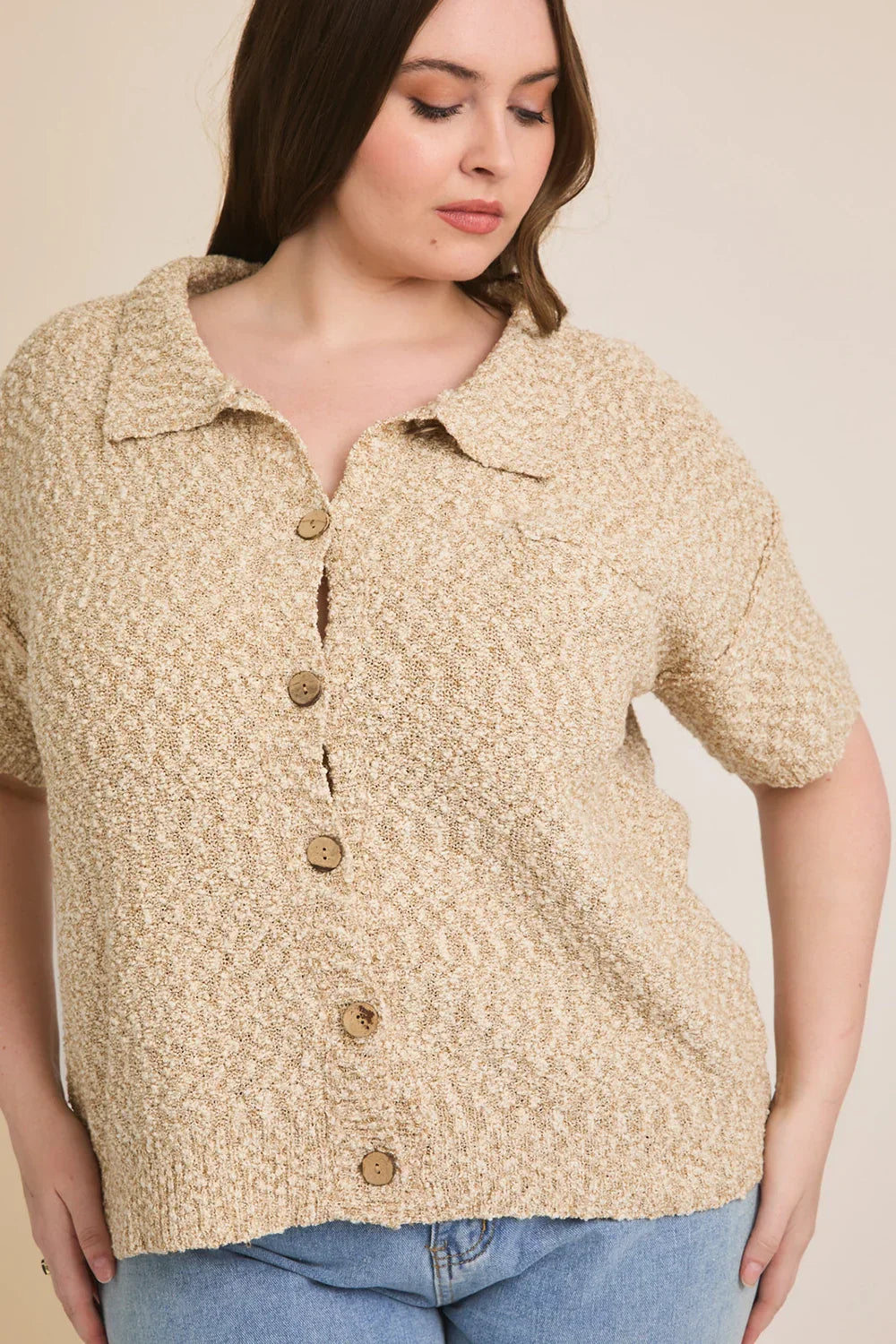 Plus Size Textured Knit Button Front Short Sleeve Harper Cardigan - Tasha Apparel Wholesale
